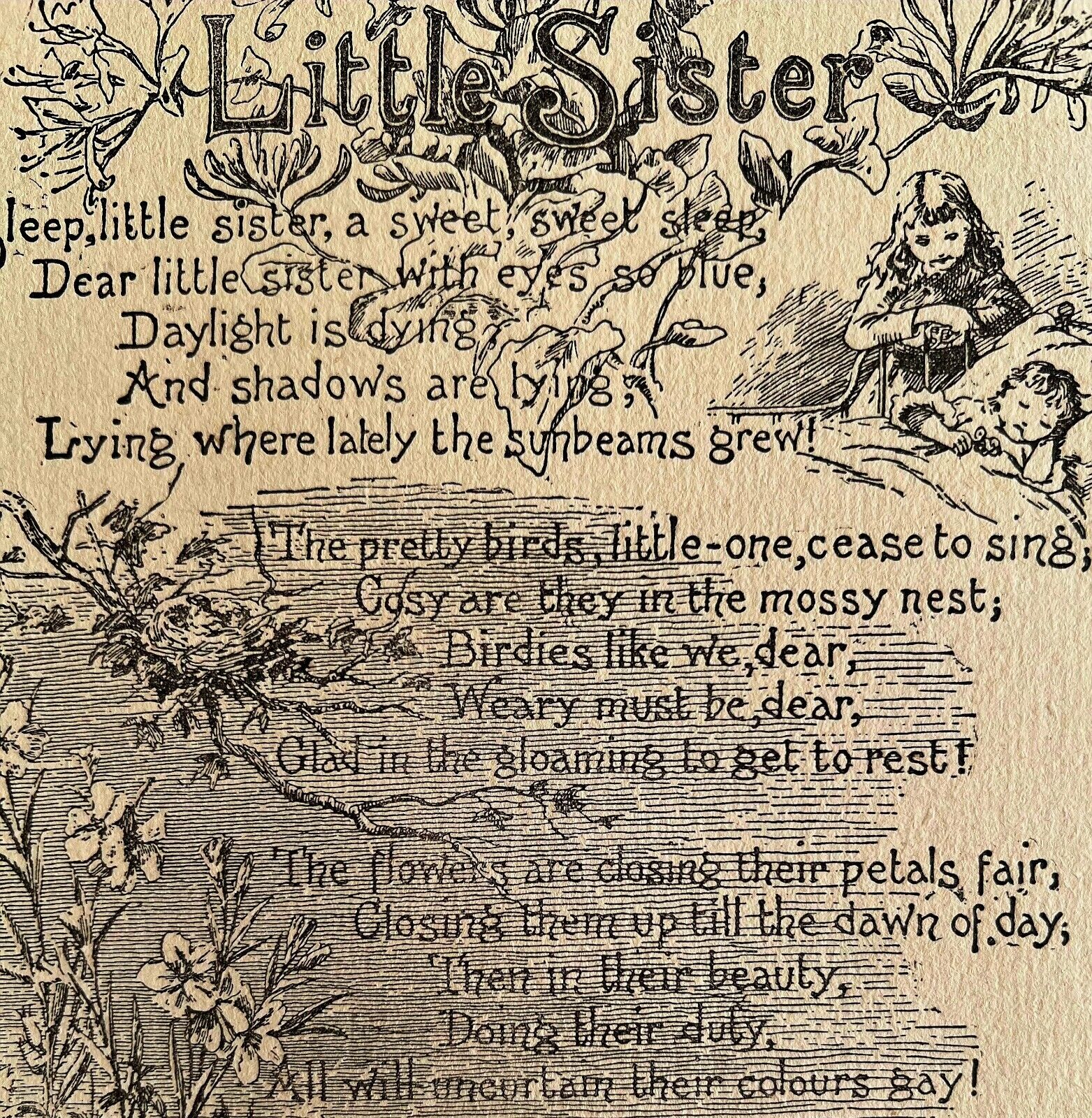 Little Sister Poem 1892 Victorian Art Woodcut Printing Ephemera DWY10B