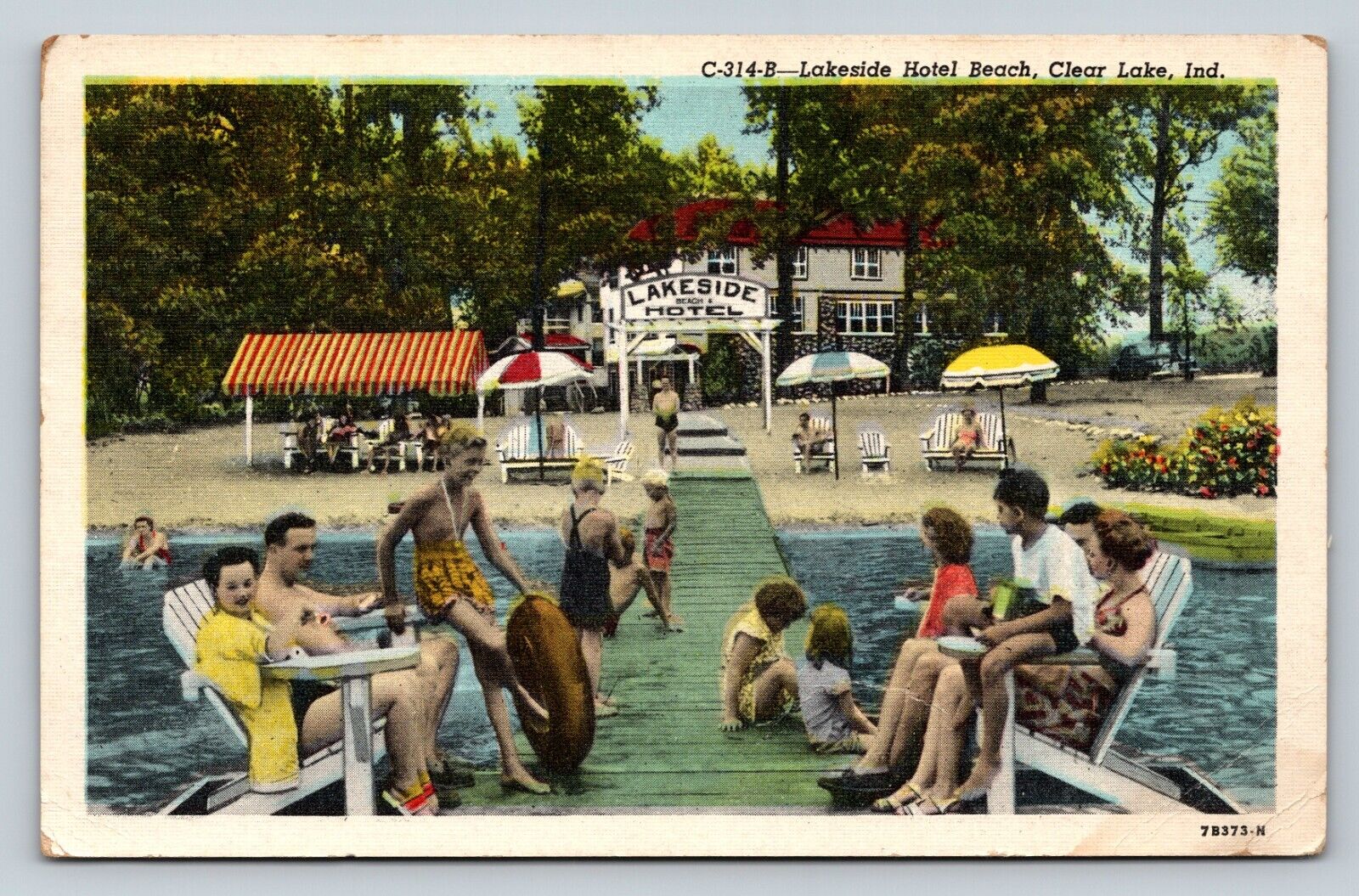 c1951 People at Lakeside Hotel Beach Clear Lake Indiana Vintage Postcard 1258