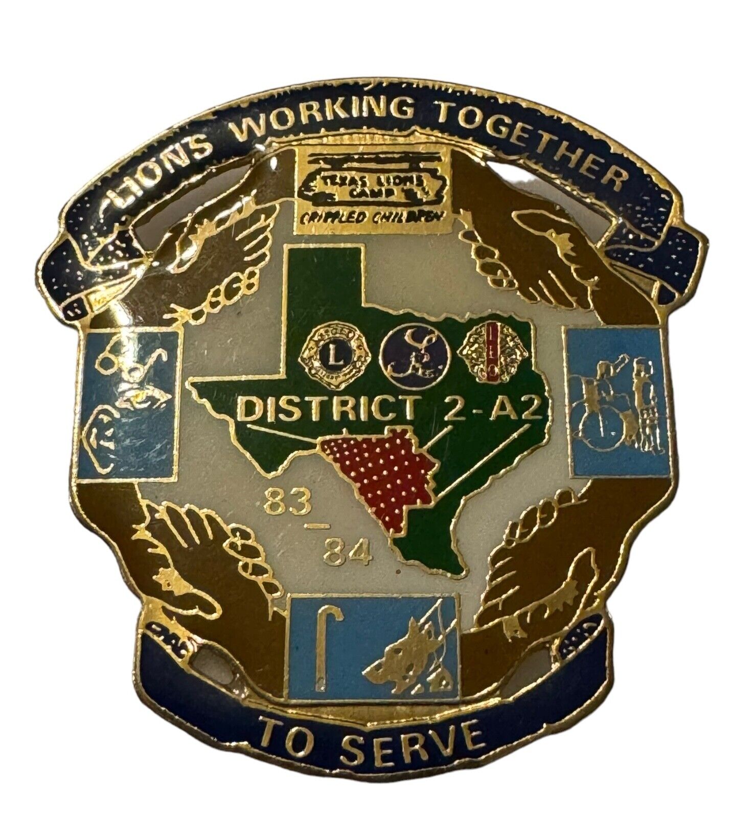 Lions Club 83-84 Texas District 2-A2 Working Together Lapel Pin