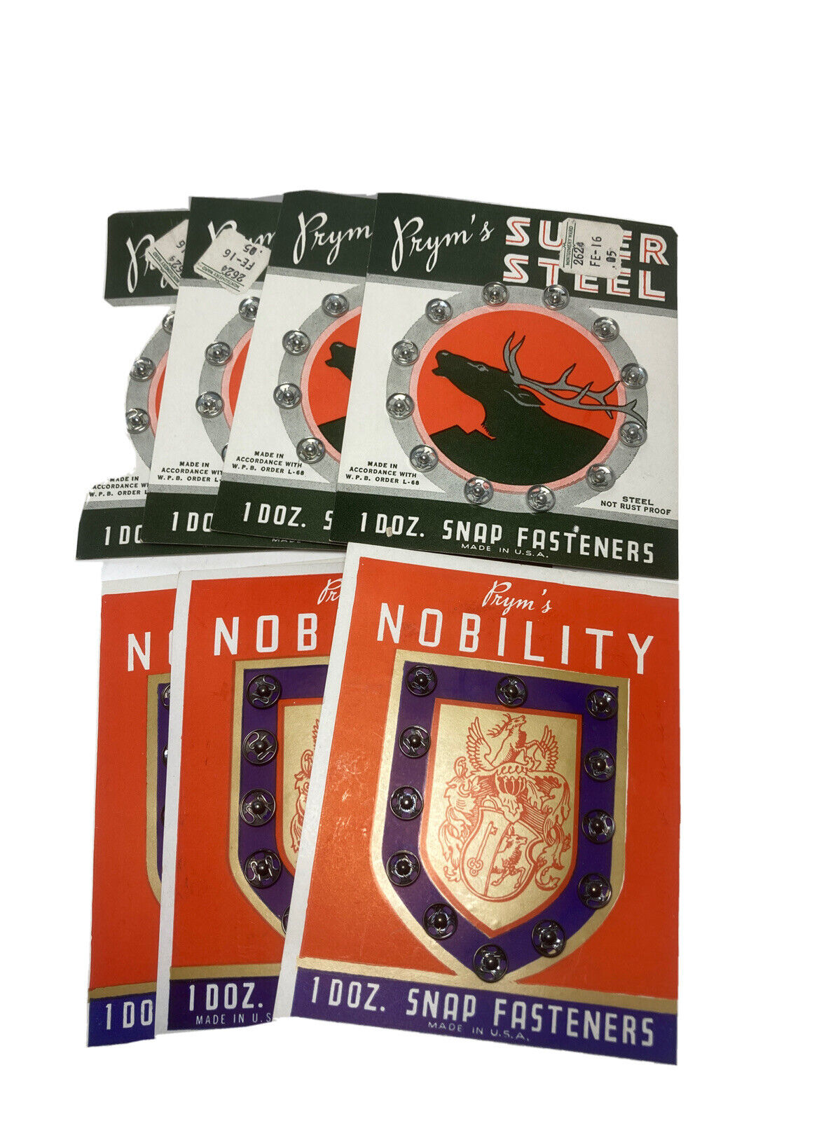 Vntg Prym’s Super Steel & Nobility Snap Fasteners Lot of 7 cards 1940’s NOS USA