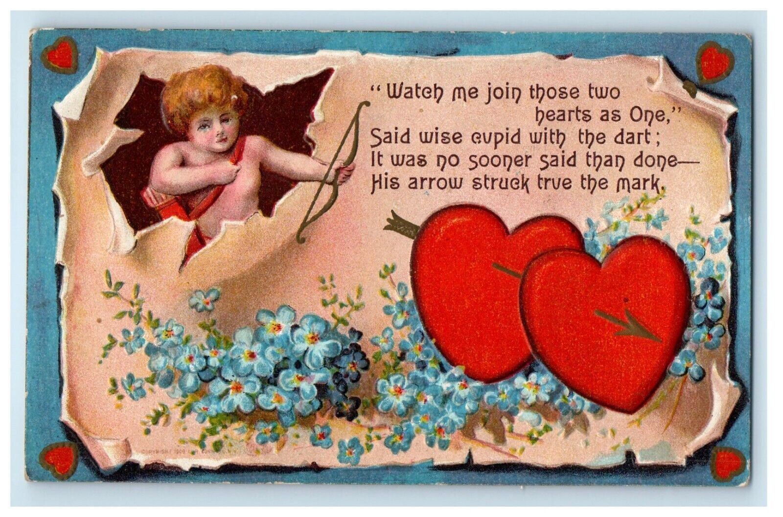 c1910's Valentine Cupid Angel Bow And Arrow Hearts Pansies Flowers Postcard