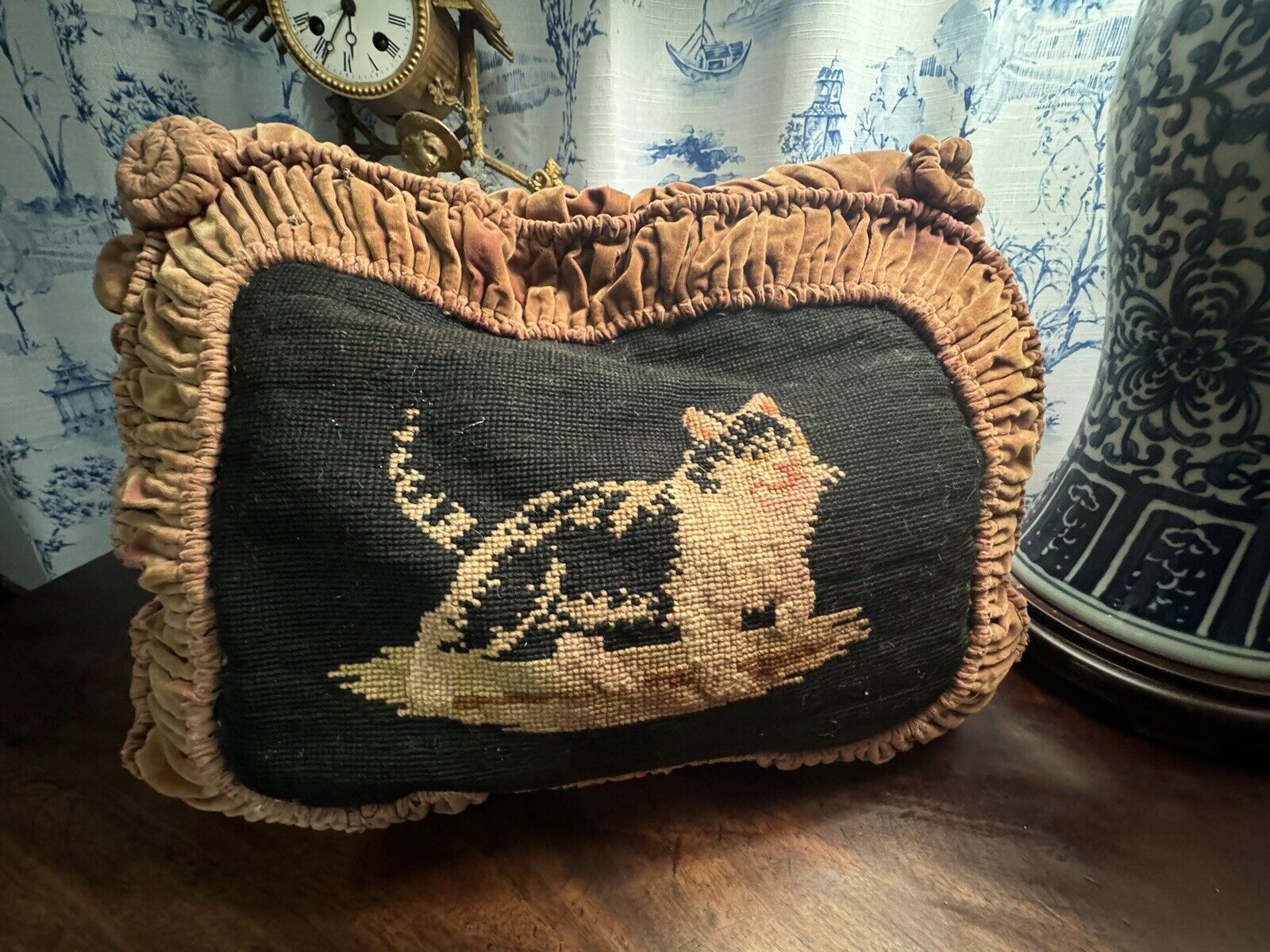 Antique Victorian Handmade Pillow Cat Needlepoint Petit Point Velvet