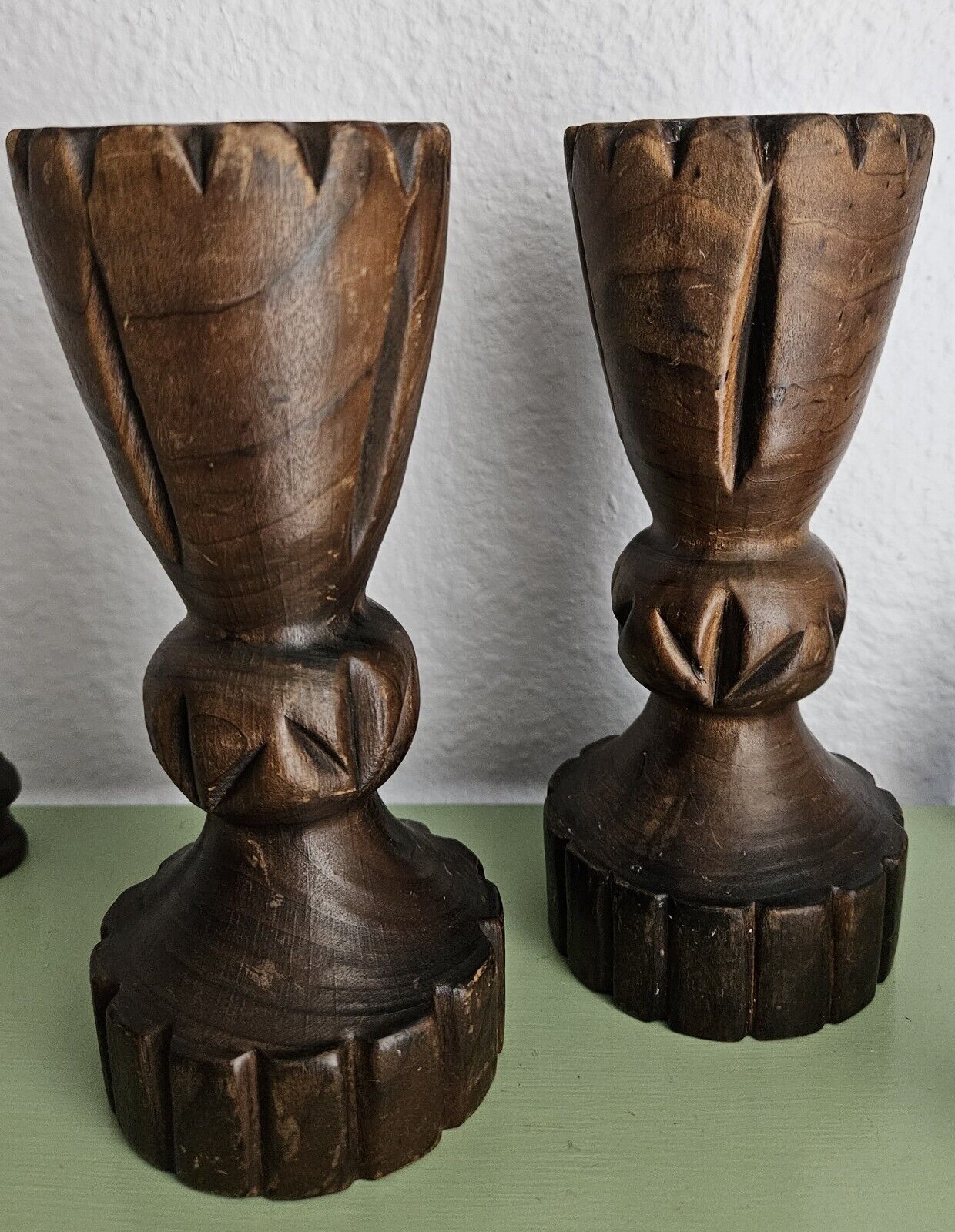 Vintage Lobeco Hand Carved Wood Candlestick ~ Spain set of 2