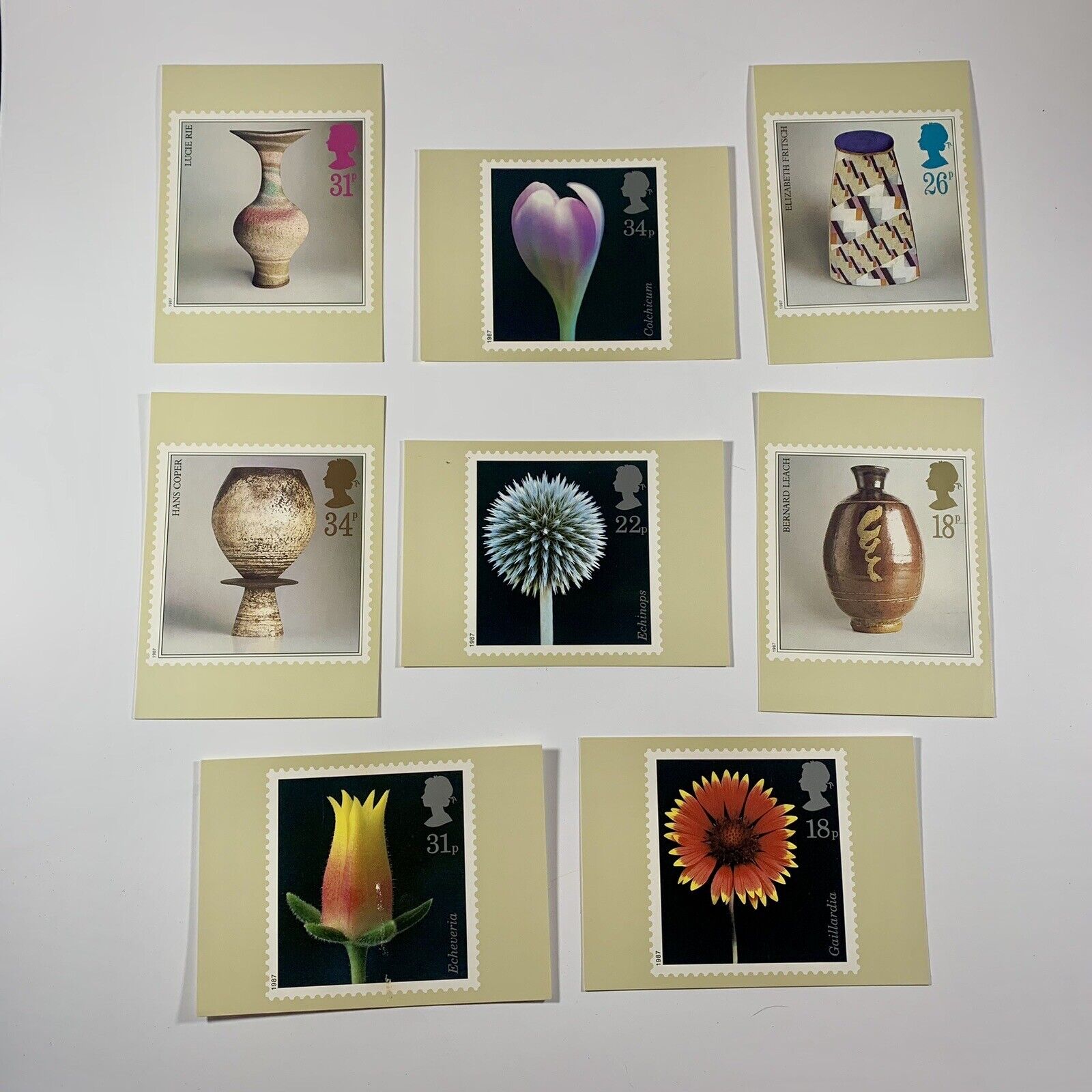 1987 Collectors Year Pack British Mint Stamp Postcards, Set Of 8 Flowers Pottery