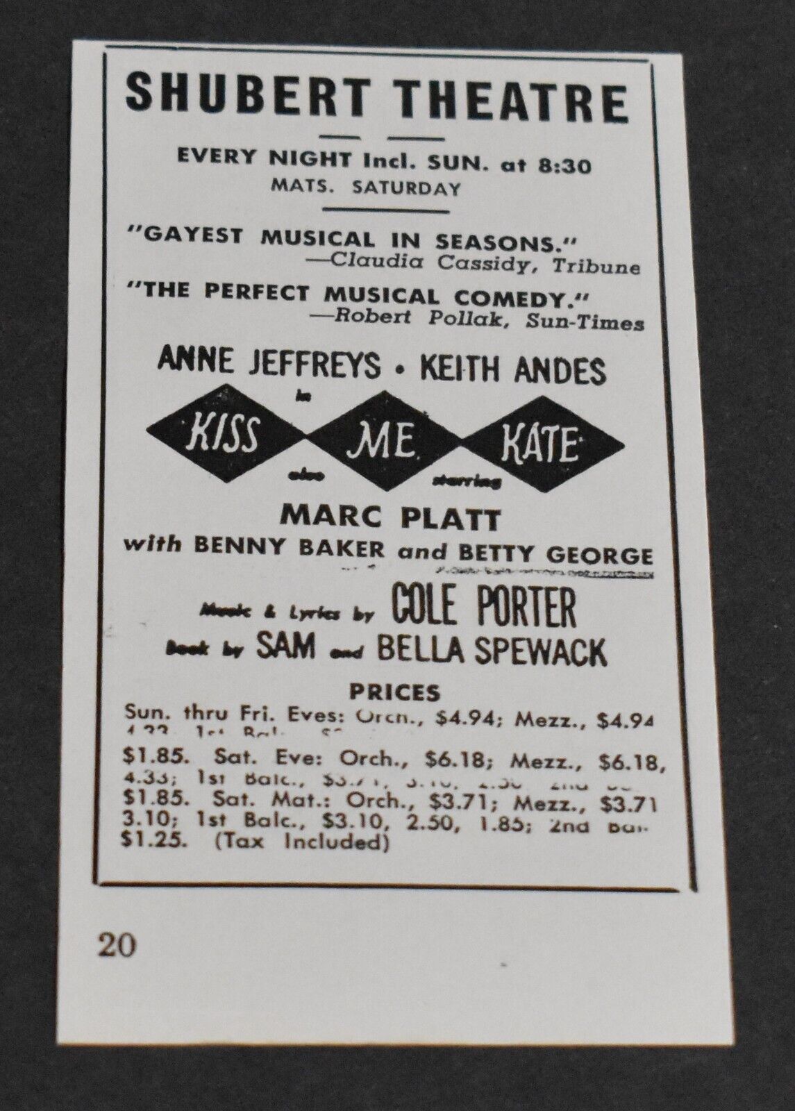 1950 Print Ad Chicago Shubert Theatre Kiss Me Kate Anne Jeffreys Keith Andes art