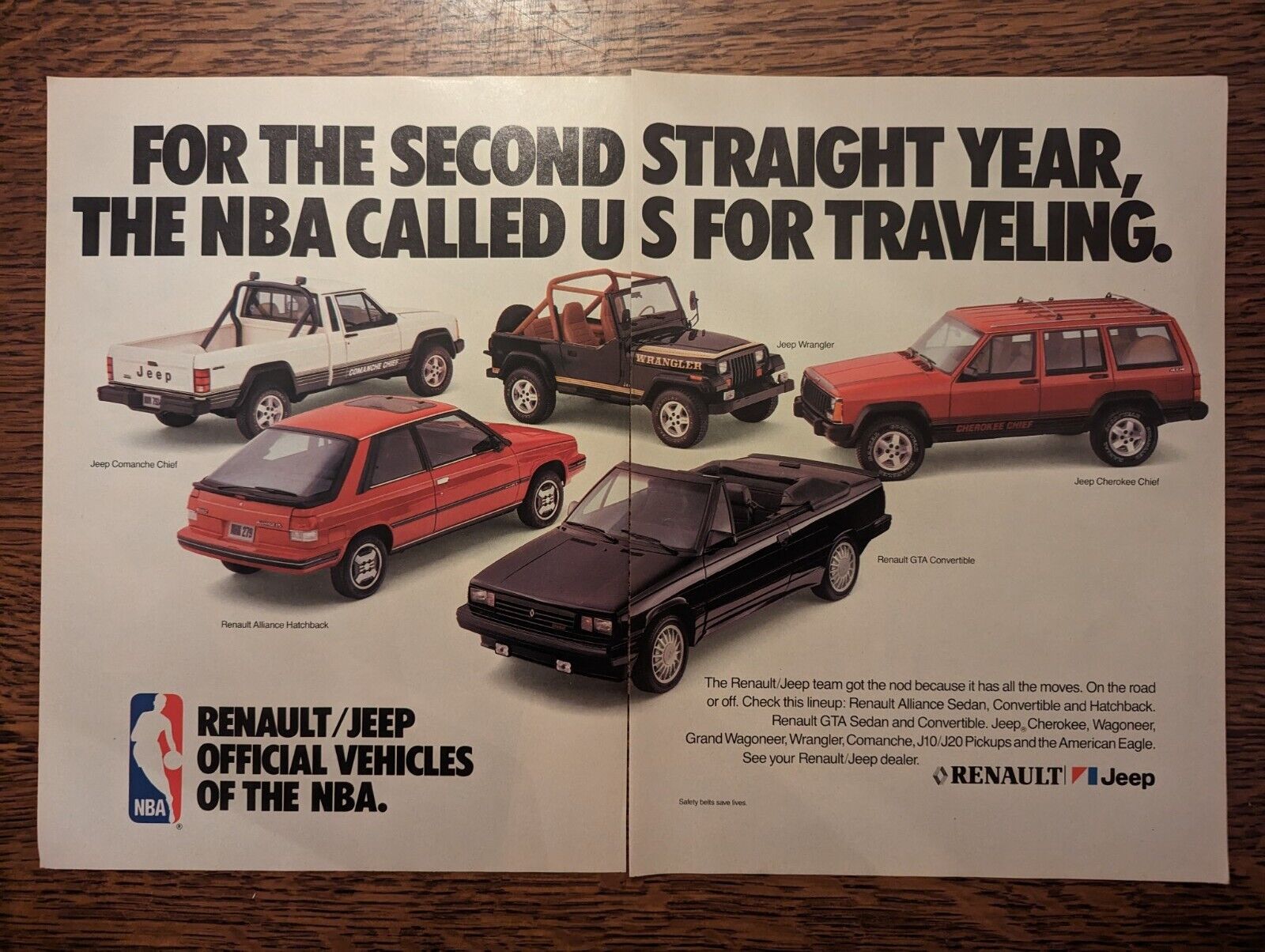 Renault Jeep NBA 2 Page 80s Vintage Color Print Ad Bar and Diner Decor