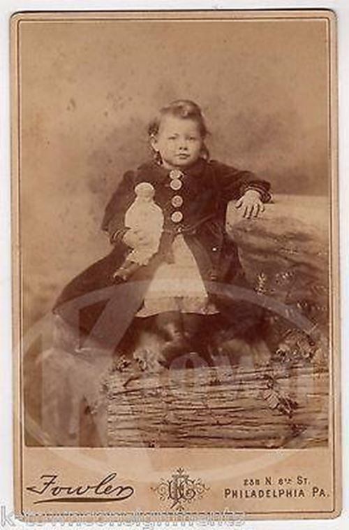 Cute Little Girl With Unusual Blonde Porcelain Doll Antique Cabinet Photograph