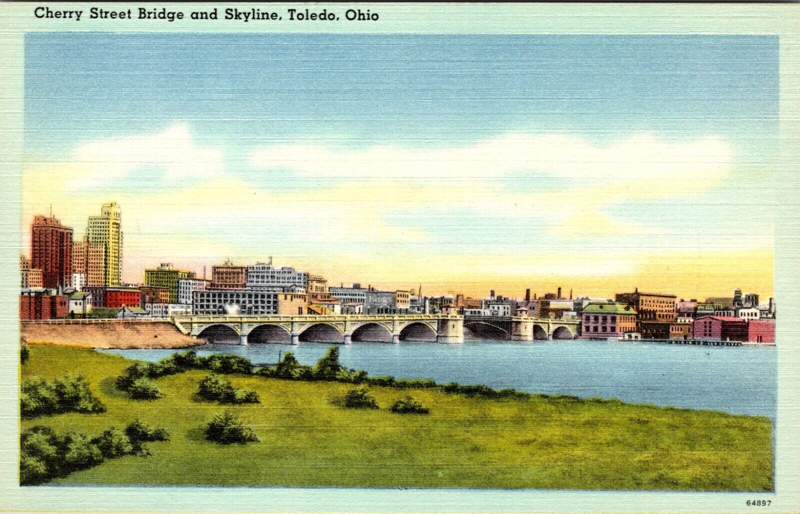 View Of Toledo Ohio Cherry Street Bridge And Skyline Linen Post Card