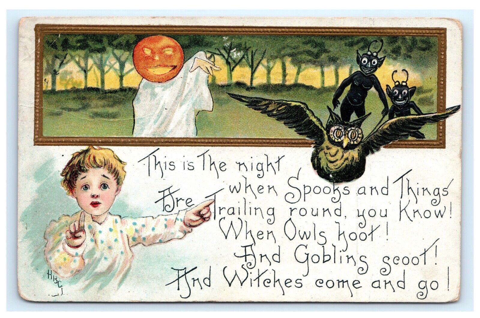Artist Signed HBG Halloween Postcard Scared Boy Devils Imps Owls JOL Ghost F8