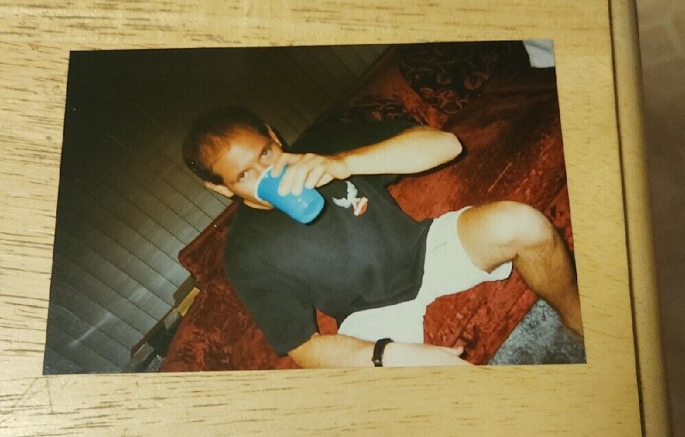 Vintage One Of a Kind Photo 90\'s Creepy Balding Man Getting Blue Solo Cup Drunk