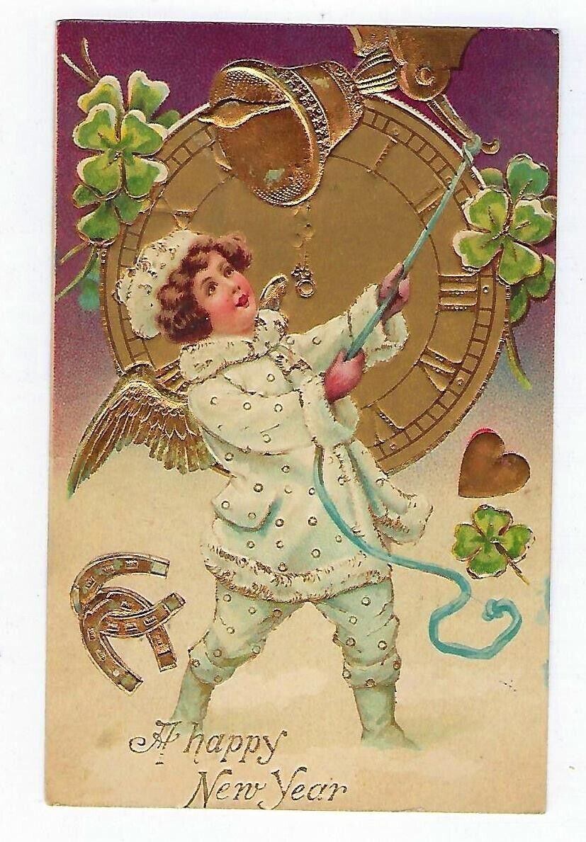 1907 New Year Postcard  Angel Ringing Bell Horseshoe Clovers - Embossed Posted