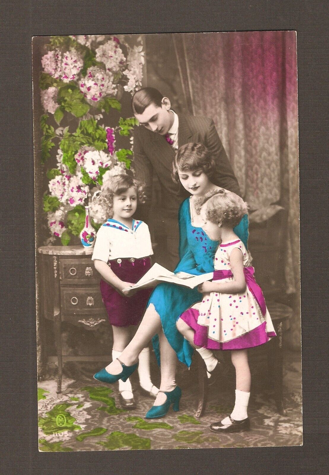 Old Vintage 1931 Hand Colored Postcard Happy Young Family Father Mother Children