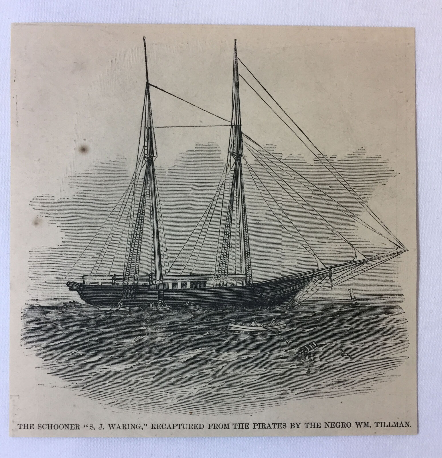 1861 magazine engraving~ THE SCHOONER \'S J WARING\' recaptured from pirates