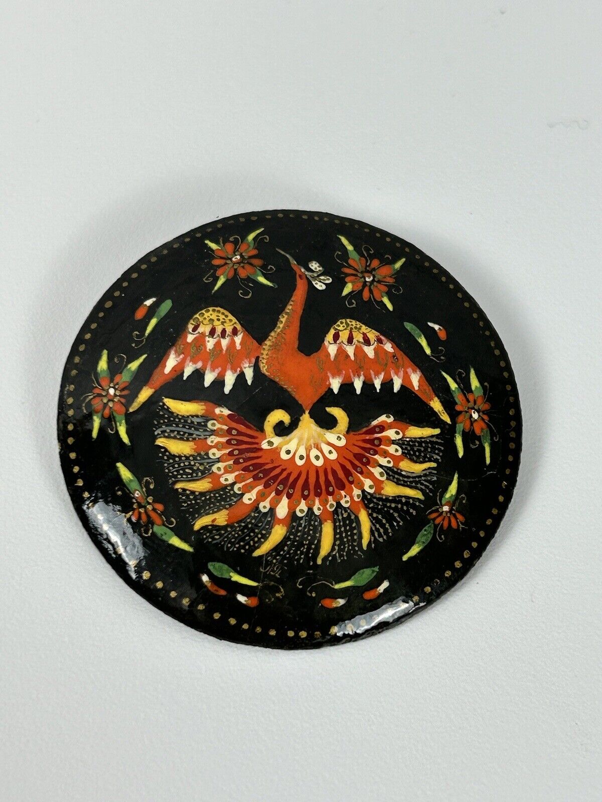 Vintage Russian Palekh Laquer Handpainted Phoenix Peacock Button Pin 2\