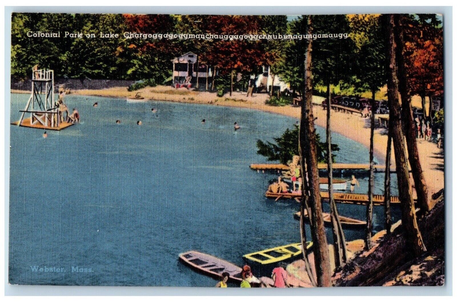 Webster Massachusetts MA Postcard Colonial Park On Lake Chargoggag Boat c1930's