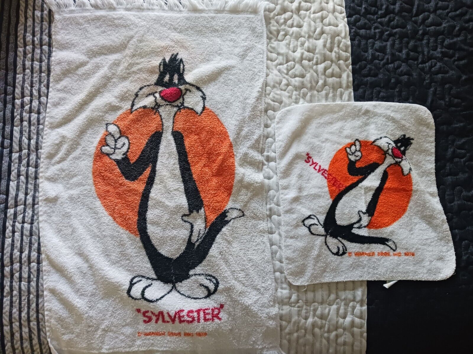 Vintage 1970s Sylvester Hand Towel & Wash Cloth Looney Tunes Cartoon