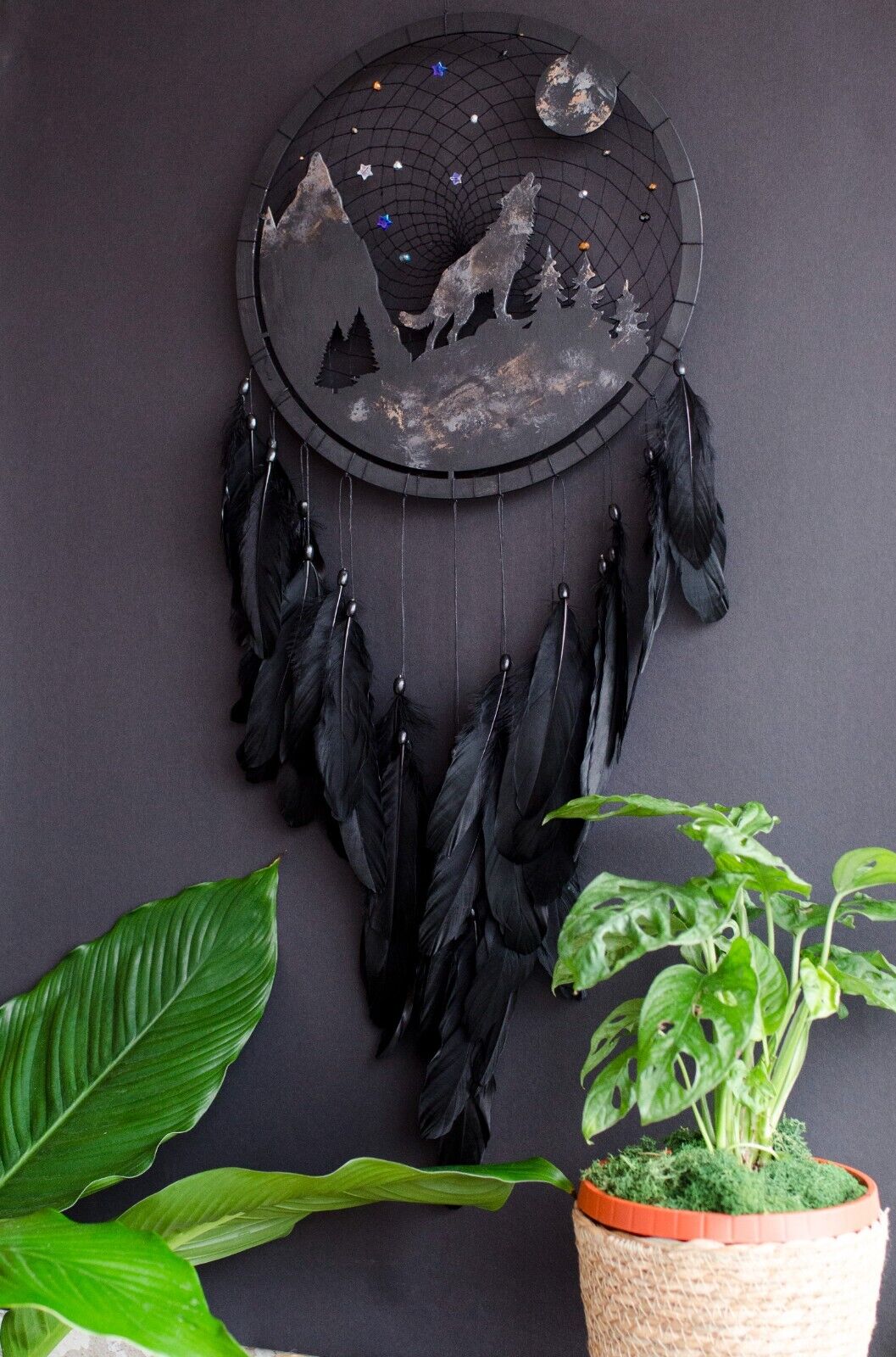 Handcrafted Large Black Dream catcher Wolf Howling Moon with Black Feathers