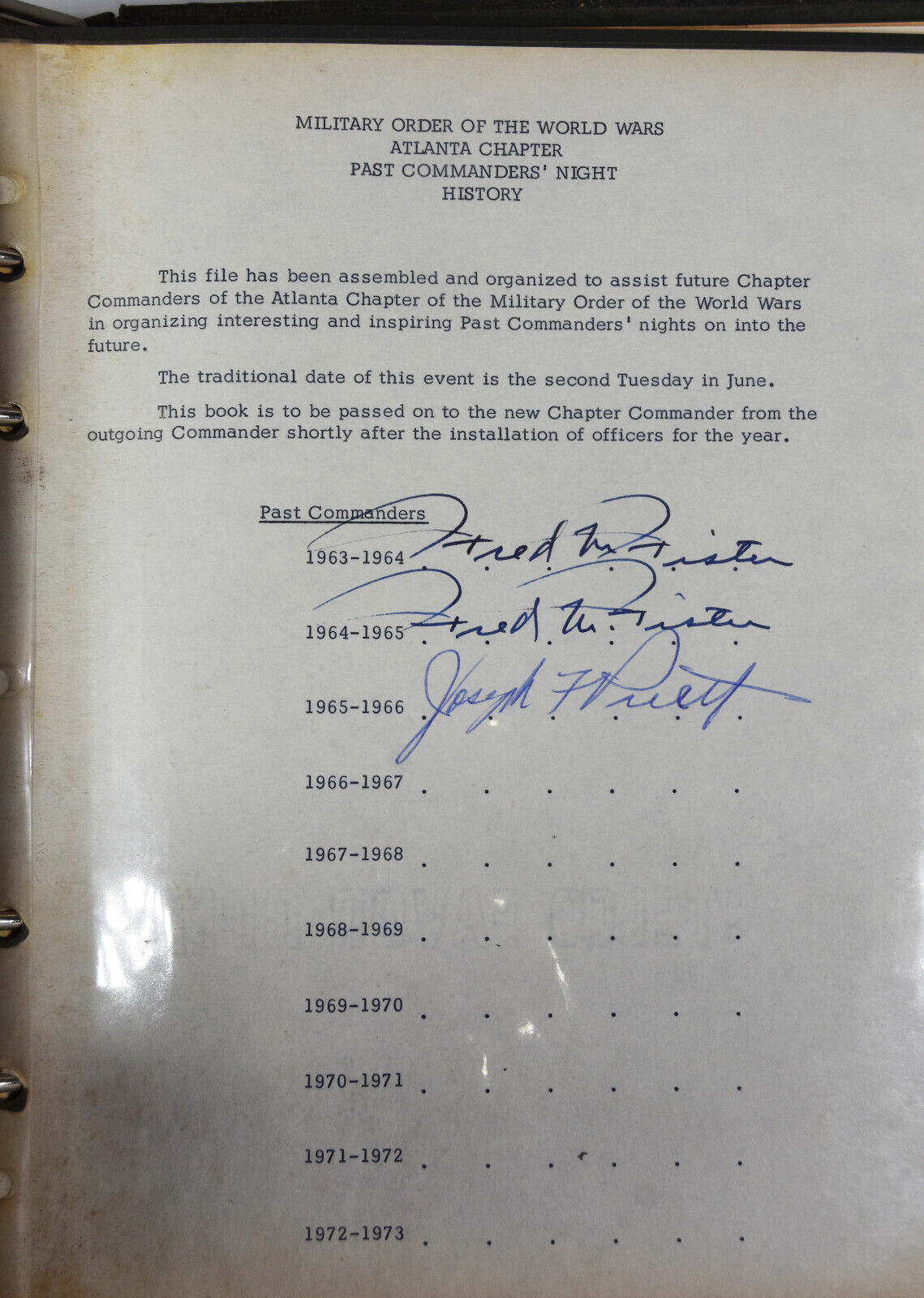 1960s Binder Atlanta Military Order of the World Wars Atlanta GA Signatures