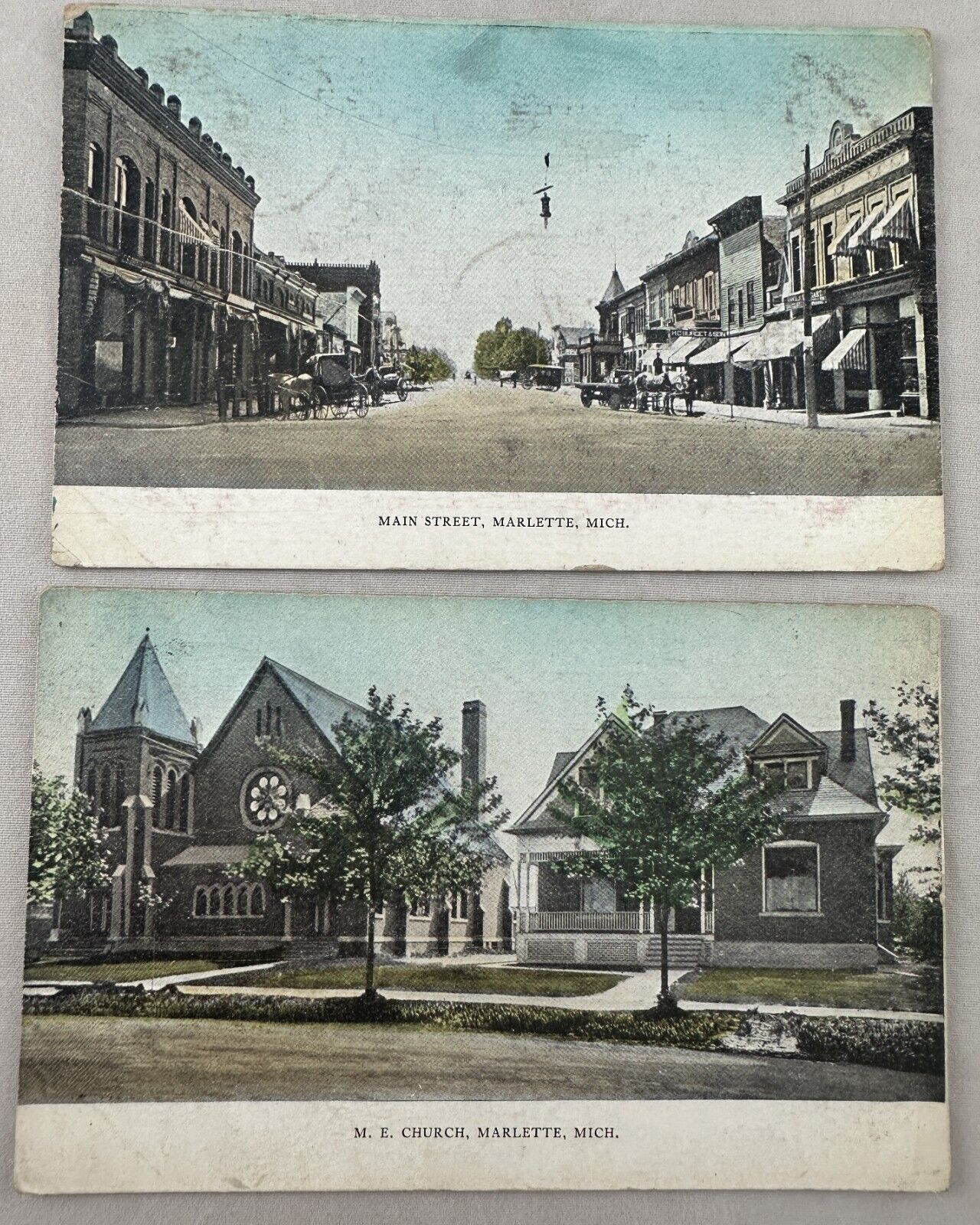 Antique Postcard Marlette Michigan Methodist Church and Main Street early 1900s