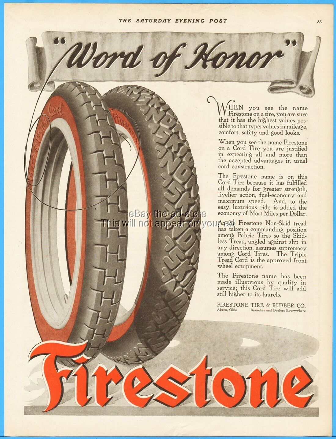 1917 Firestone Tire and Rubber Co Akron Ohio Word of Honor Garage Wall Decor Ad
