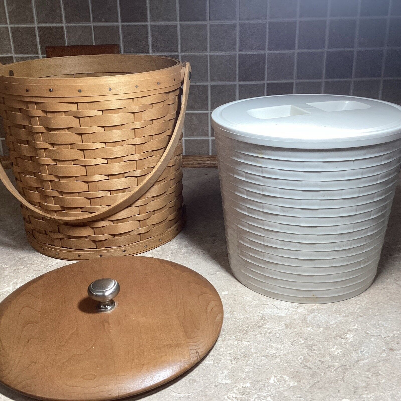 Vintage 2003 Longaberger Ice Bucket With Insulated Liner, liner lid & Wooden lid