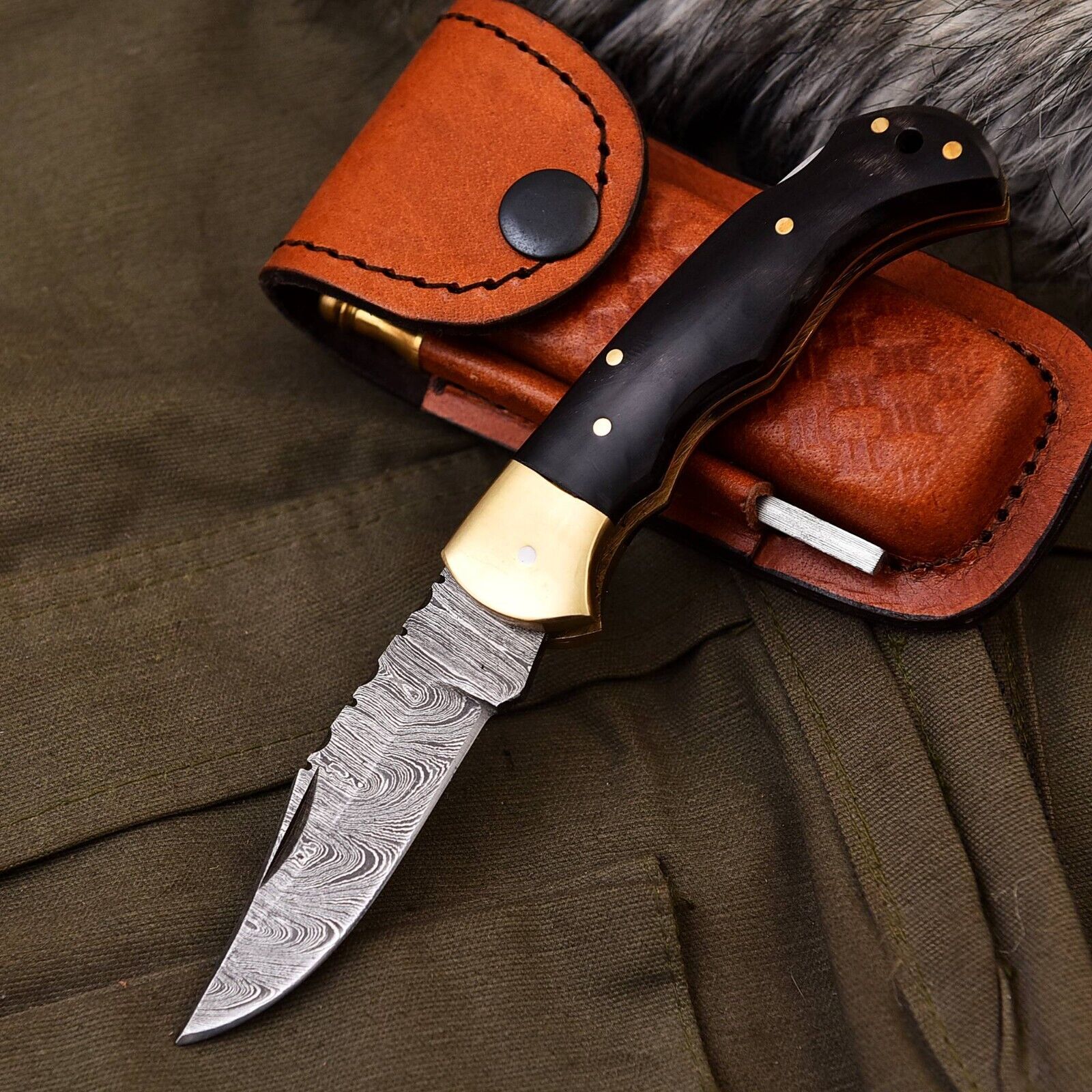 Custom Handmade Damascus Pocket Knife Folding Knife With Leather Sheath EDC