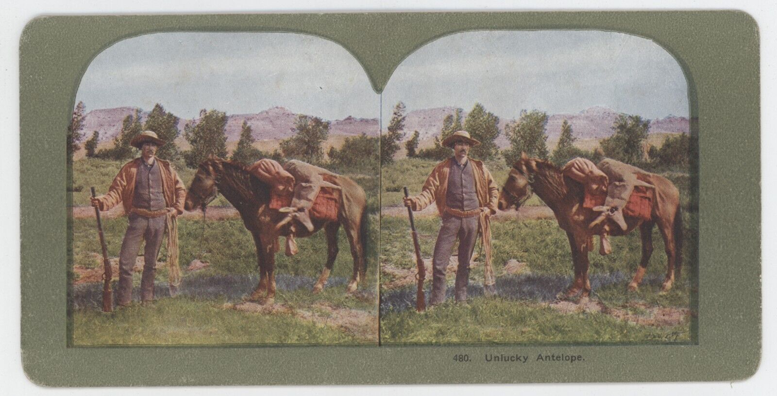 c1900\'s Colorized Stereoview  Unlucky Antelope.  Hunter With Antelope over Horse
