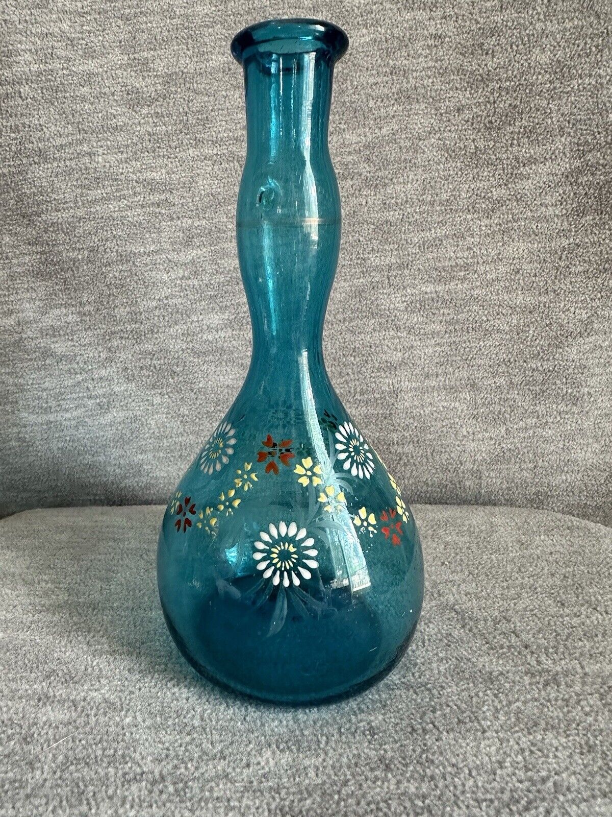 Antique Turquoise Blue Glass Barber Bottle with Enameled Flowers