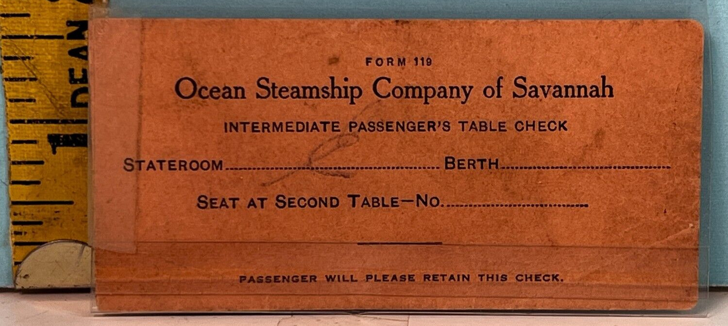 Vintage Ocean Steamship Company of Savannah passenger table check