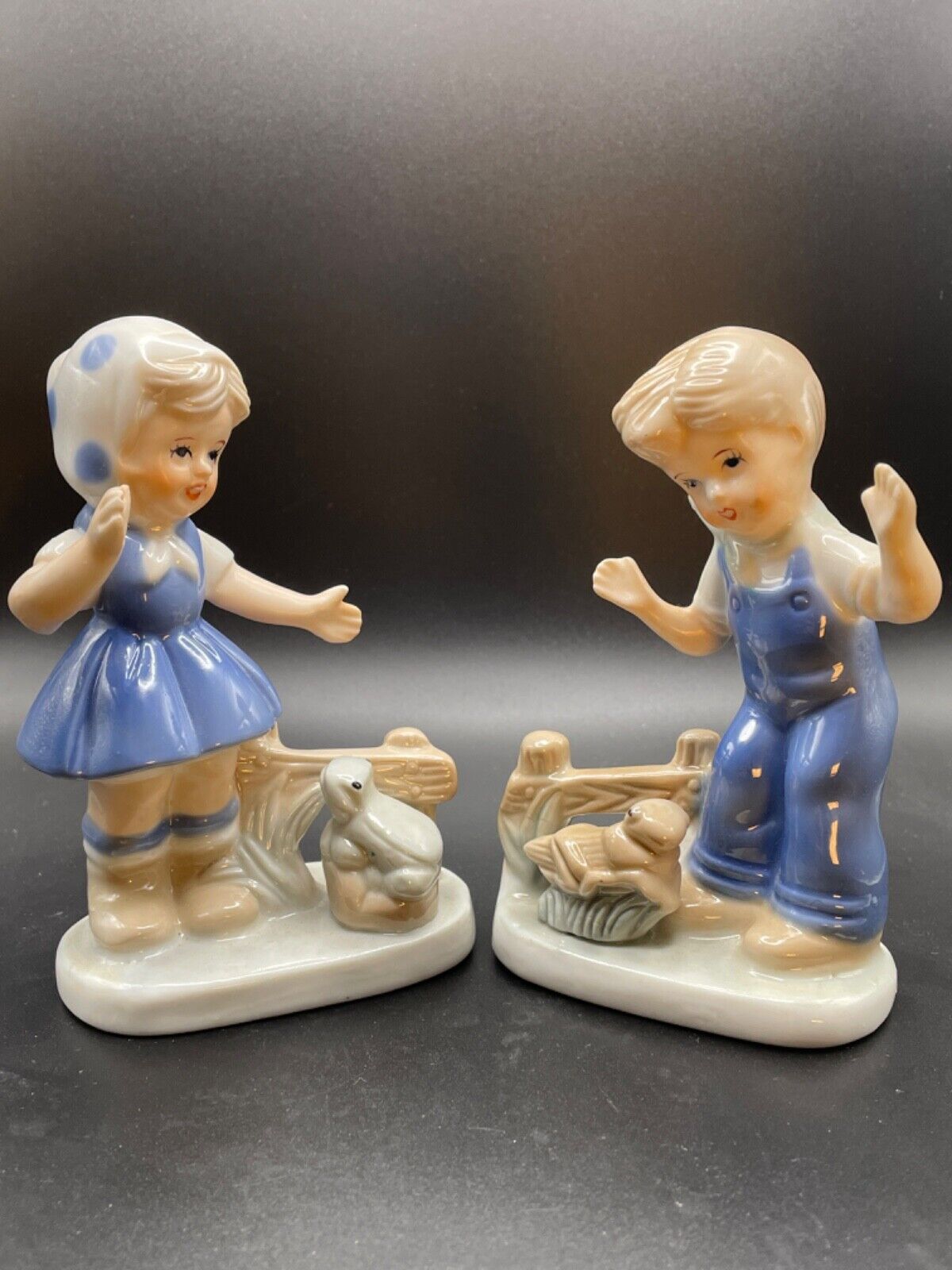 Vintage KPM Porcelain Figurines; Girl with Frog; Boy with Grasshopper; Korea