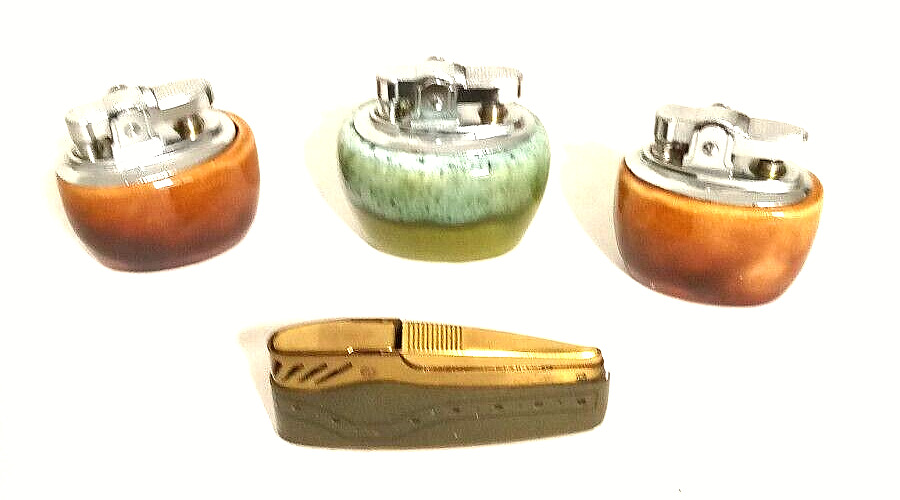 Vintage Mid Century Ceramic Pottery Table Lighters Japan Lot of 4 Brown Green