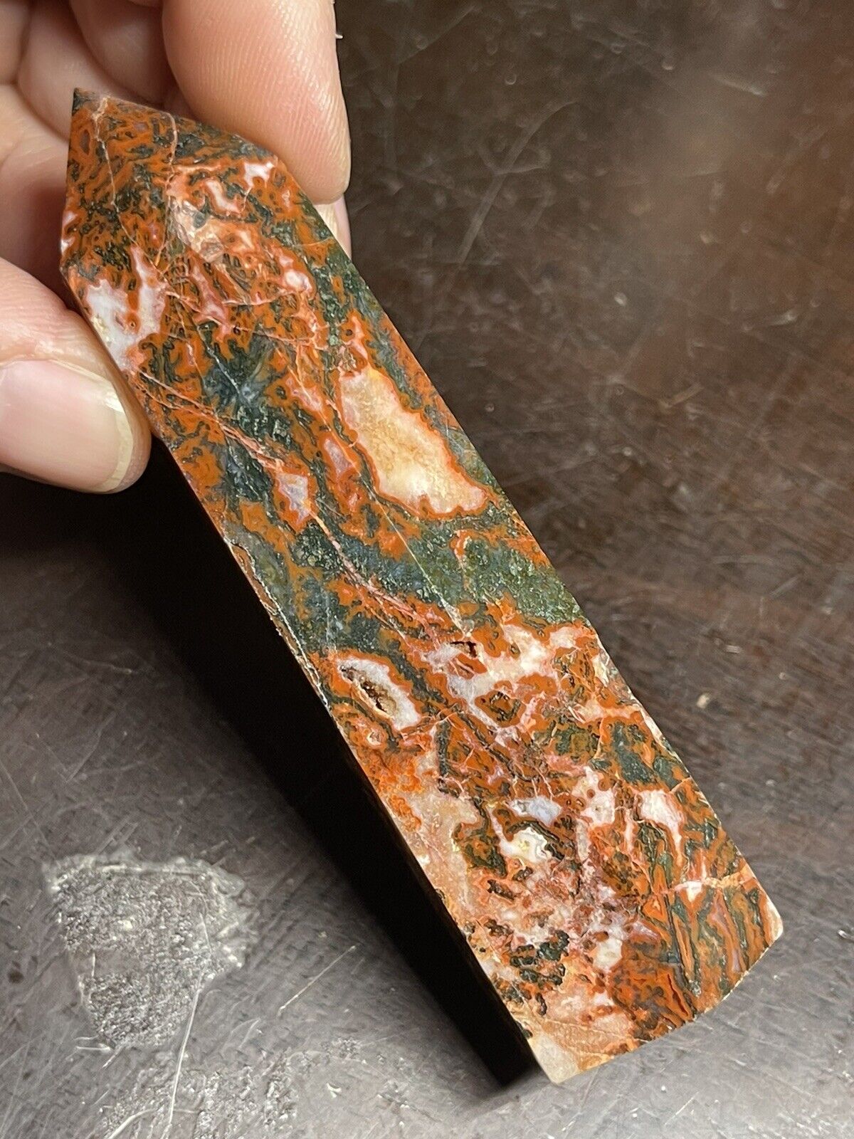 Carnelian Moss Agate Point Tower Crystal 3.68in Tall 85g