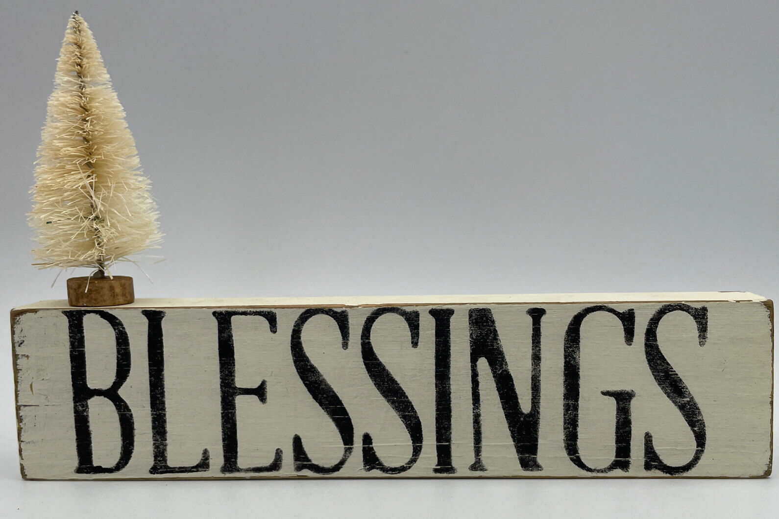 Vintage Style Wood “Blessings” Sign w/ Bottle Brush Tree Christmas Decor