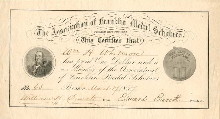 Edward Everett signed Membership Receipt - Association of Franklin Medal Scholar