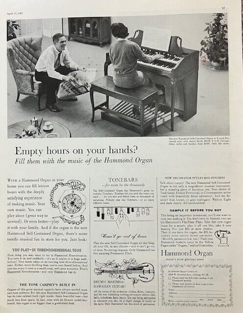 Rare 1961 Original Vintage Hammond Organ Piano Musical Instrument Music AD