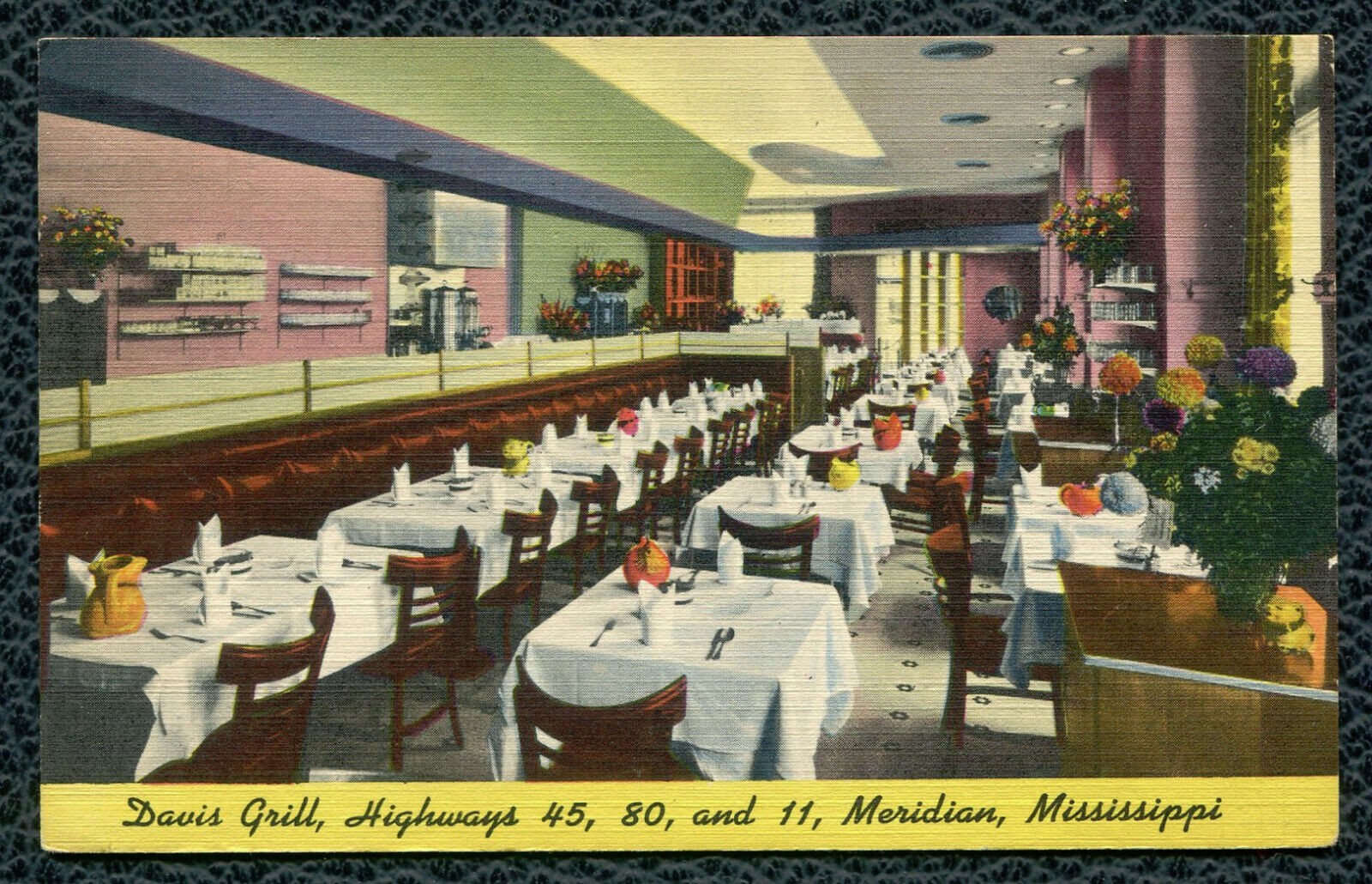 Davis Grill Restaurant interior view Meridian Mississippi linen postcard
