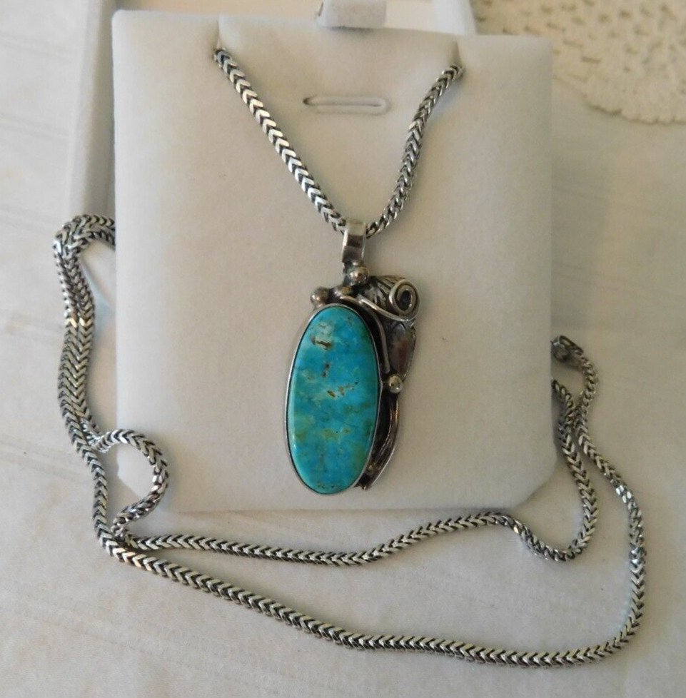 Native American Sterling Silver Turquoise Pendant Necklace Signed TG Sterling