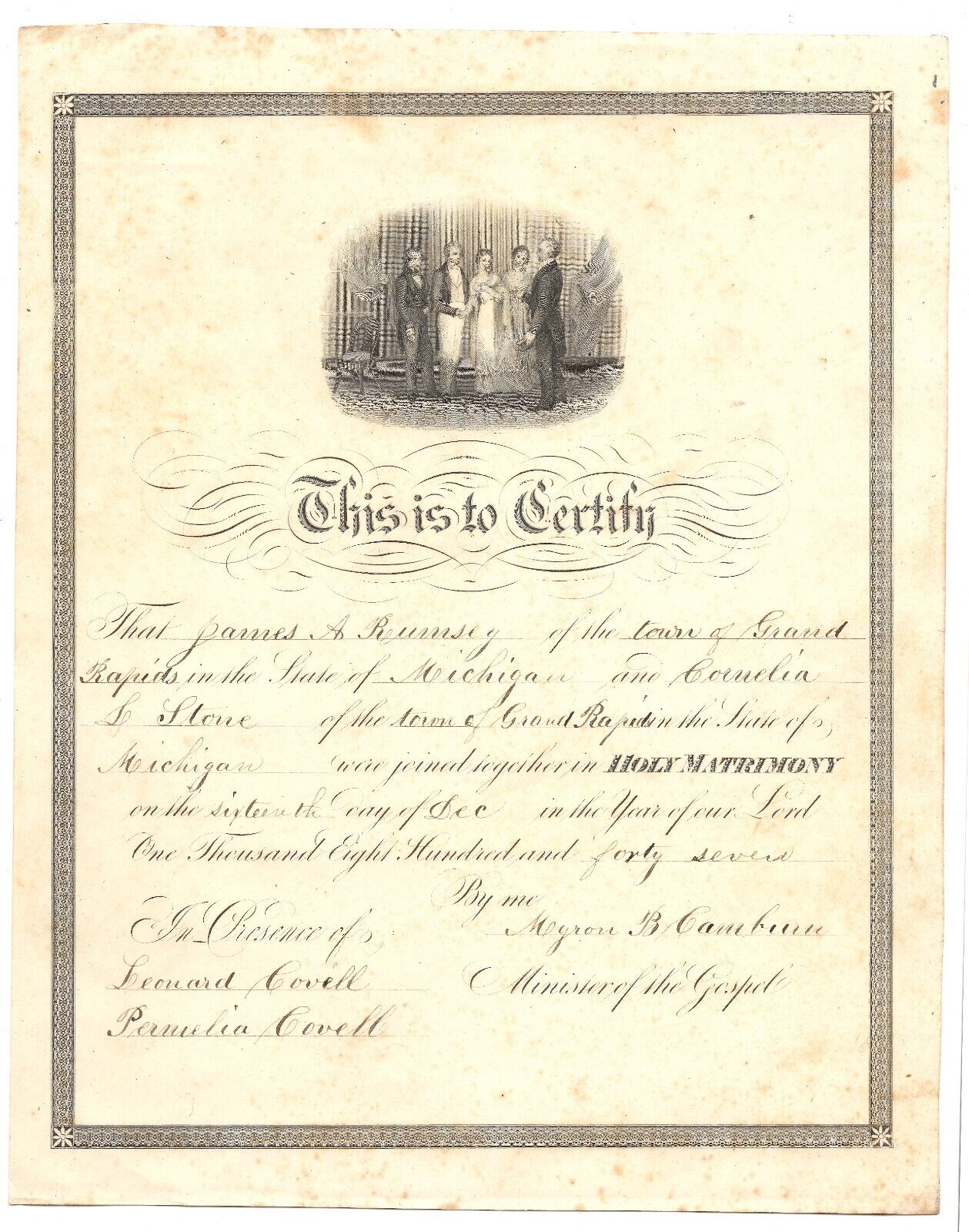 Rare 1847 marriage certificate Grand Rapids early settler, James Rumsey, history
