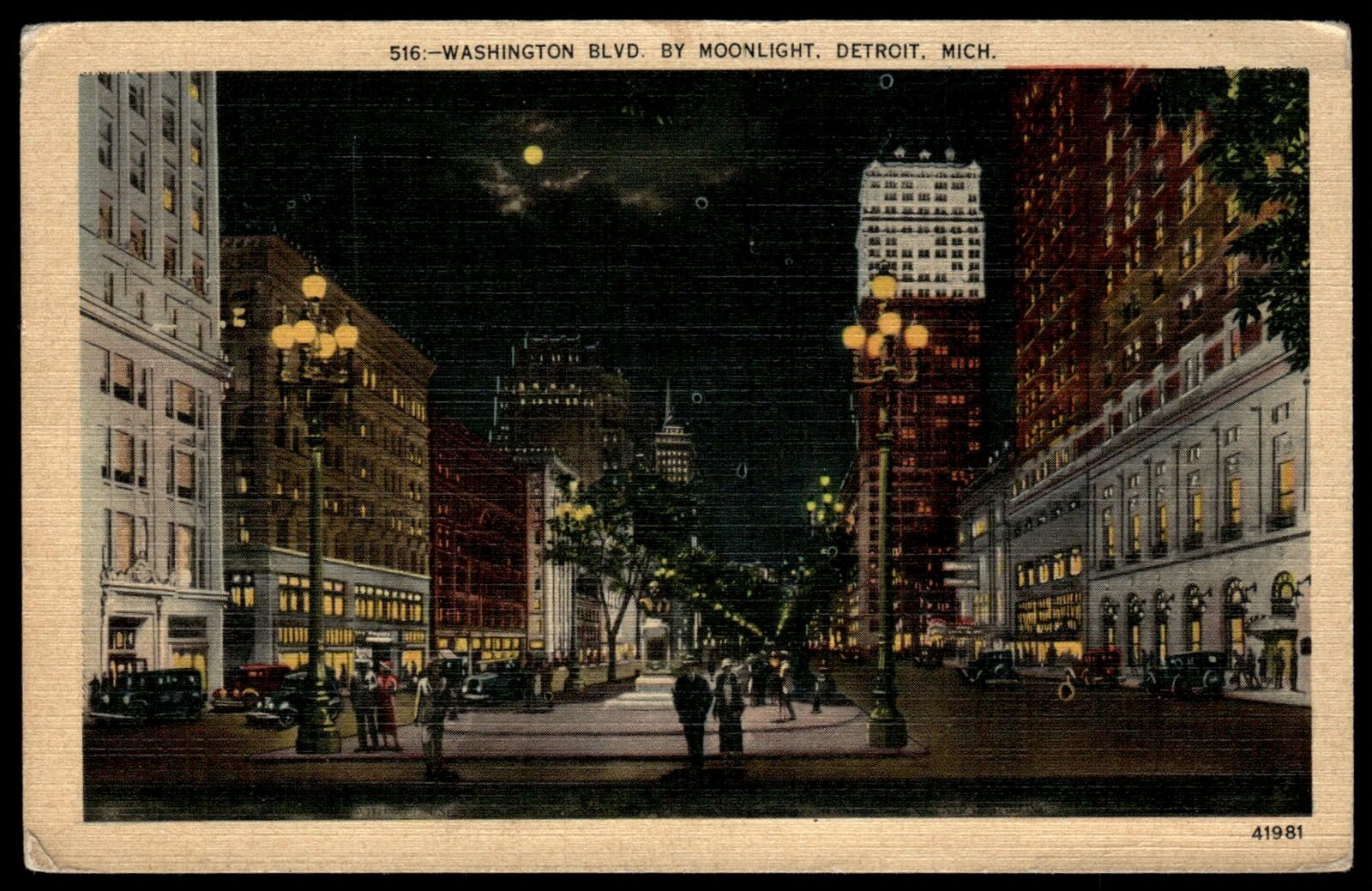 1944 Postcard 1944 Washington Blvd By Moonlight Detroit Michigan Linen Postcard