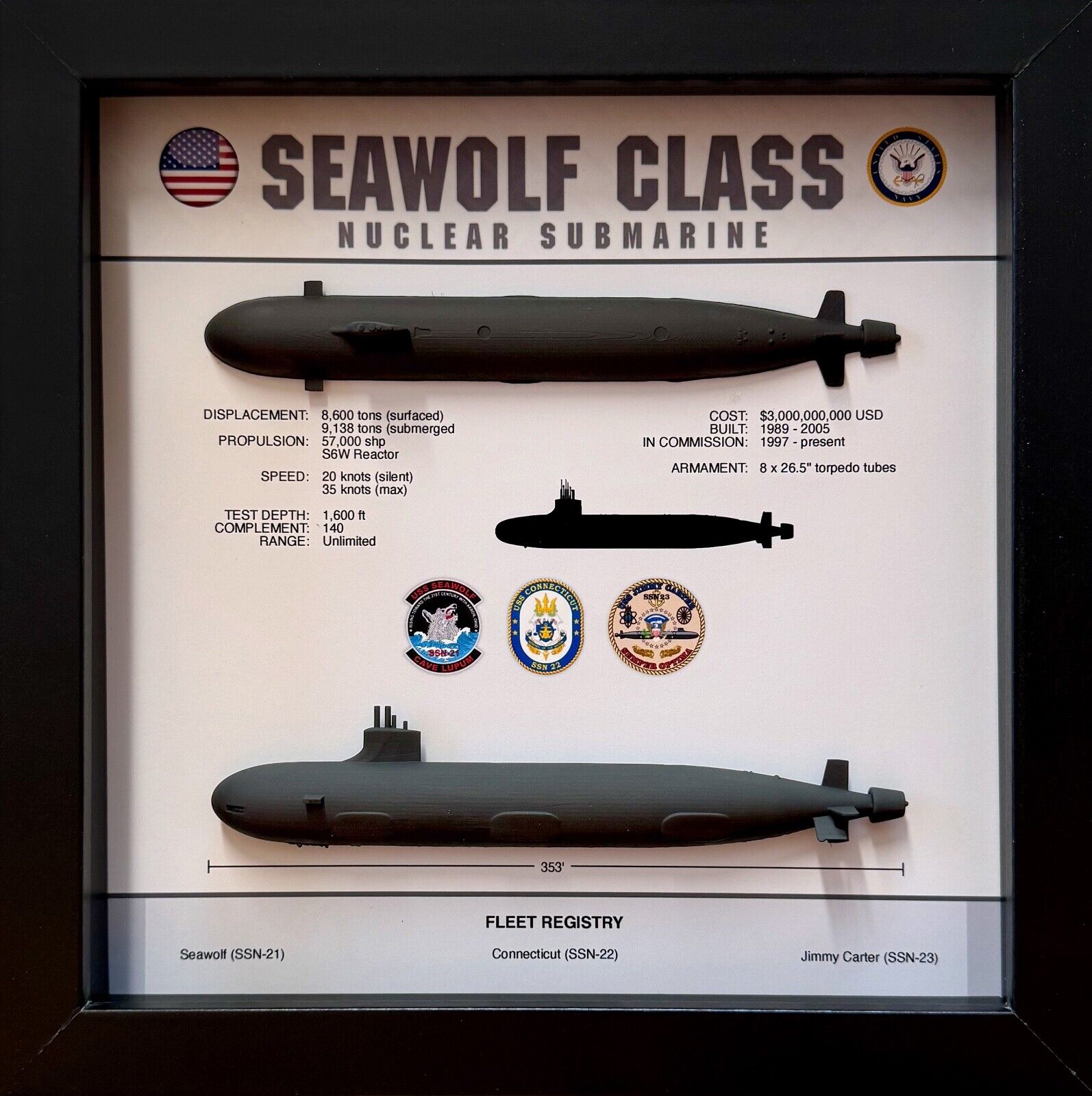 Seawolf Class Submarine Memorial Display Shadow Box, 9\