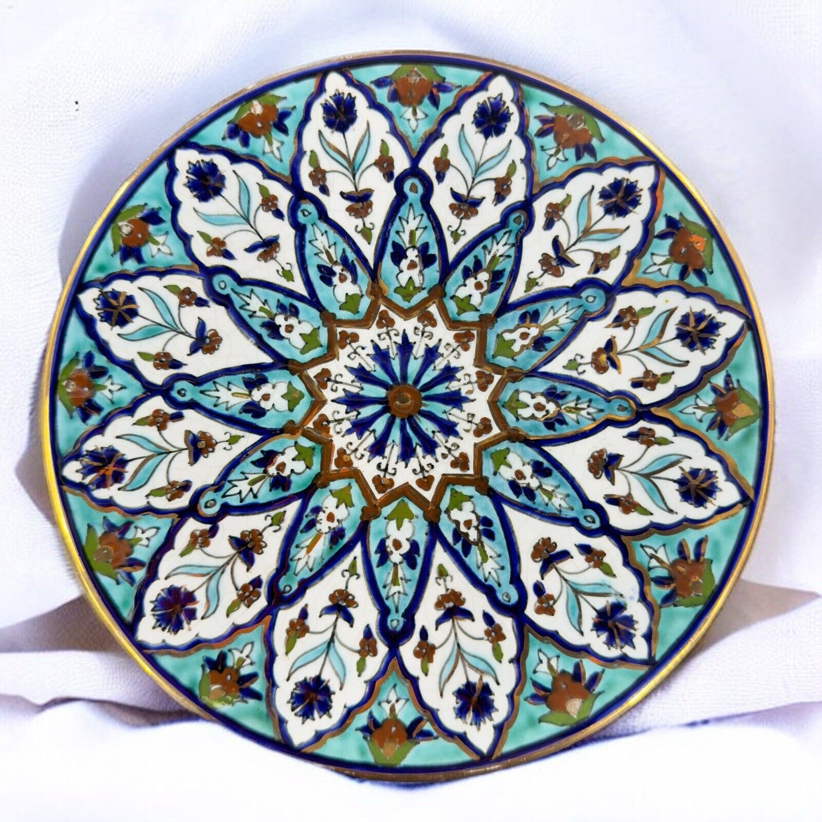 Vintage Greek Kutahia Porcelain Plate Dish Hand Painted Floral Blue Accents VTG