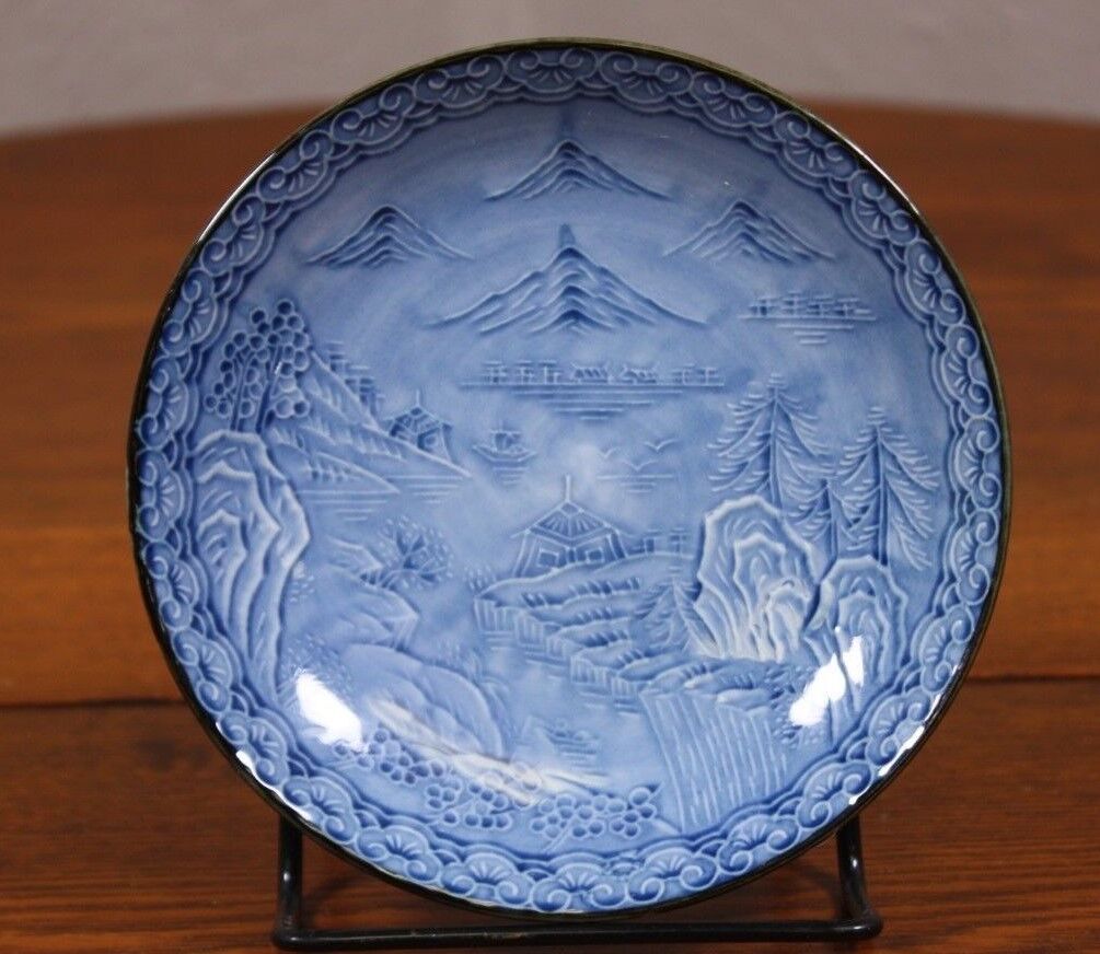 Blue Glaze Signed Porcelain Asian China Vtg Landscape Plate Mountains Canyon