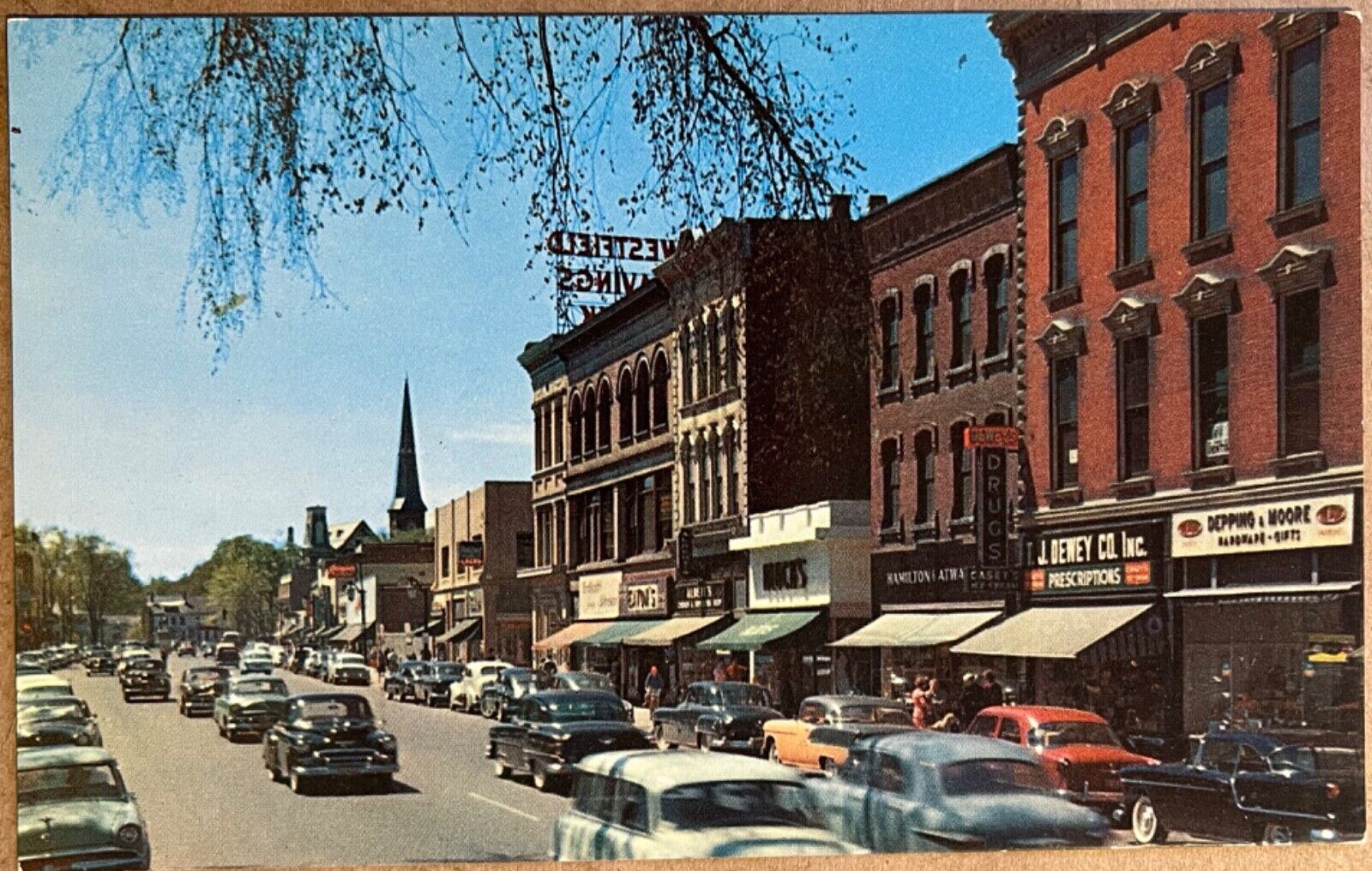 Westfield MA Elm Street Old Cars Stores Massachusetts Vintage Postcard c1950