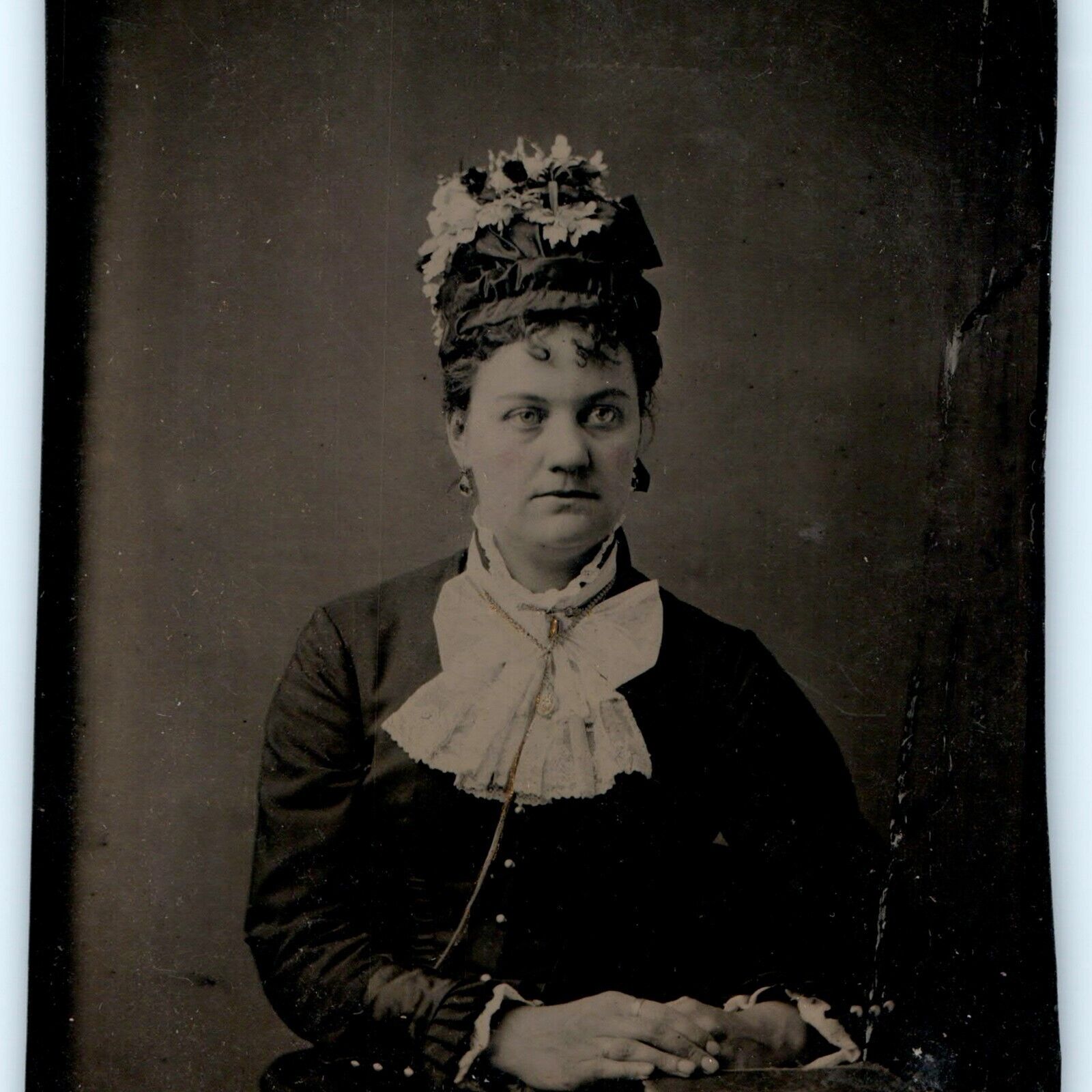 ID'd c1860s Beautiful Young Lady Flower Hat Tintype Real Photo Lib Cracker H40
