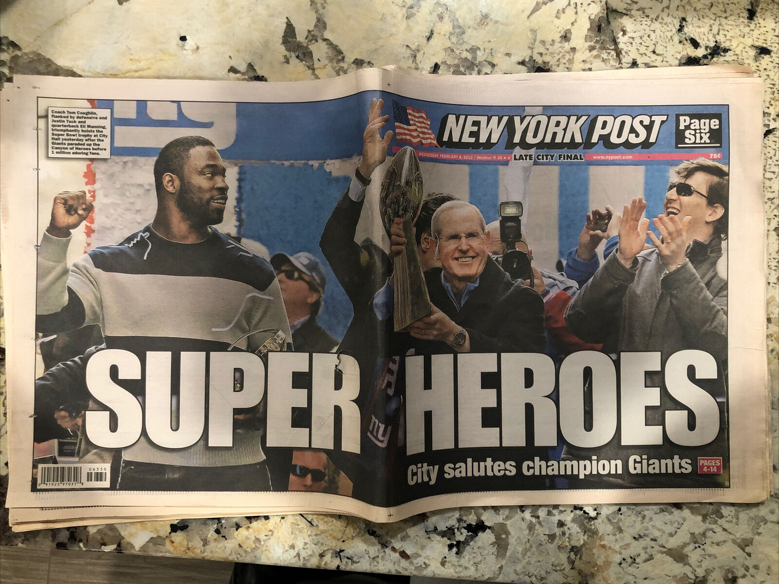 NY Post Feb 8, 2012 - Super Heroes - Champion Giants (*Little Rip On Letter R*)