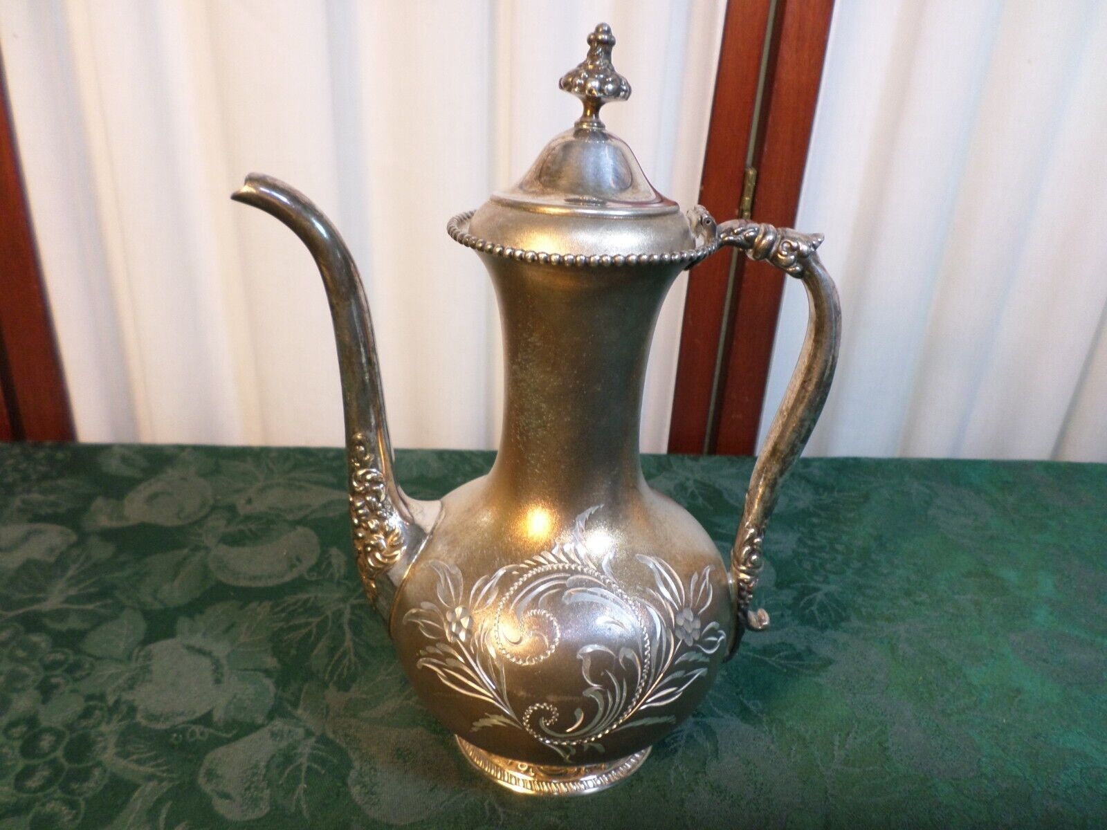 Beautiful Vintage Van Bergh Quadruple Silverplate Decorative Etched Coffee Pot