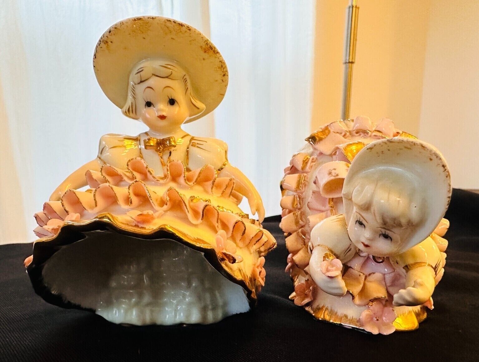 PAIR of Vintage Geo Z Lefton Bloomer Girl Figurines KW1412 Pink Gold 1950’s