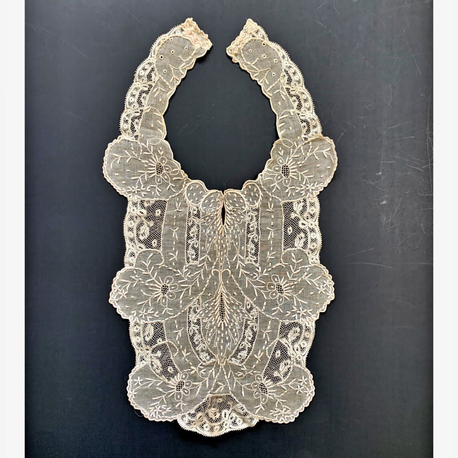 Fine Antique 19th Century French Lace Collar Bib Applied Hand Embroidery Vintage