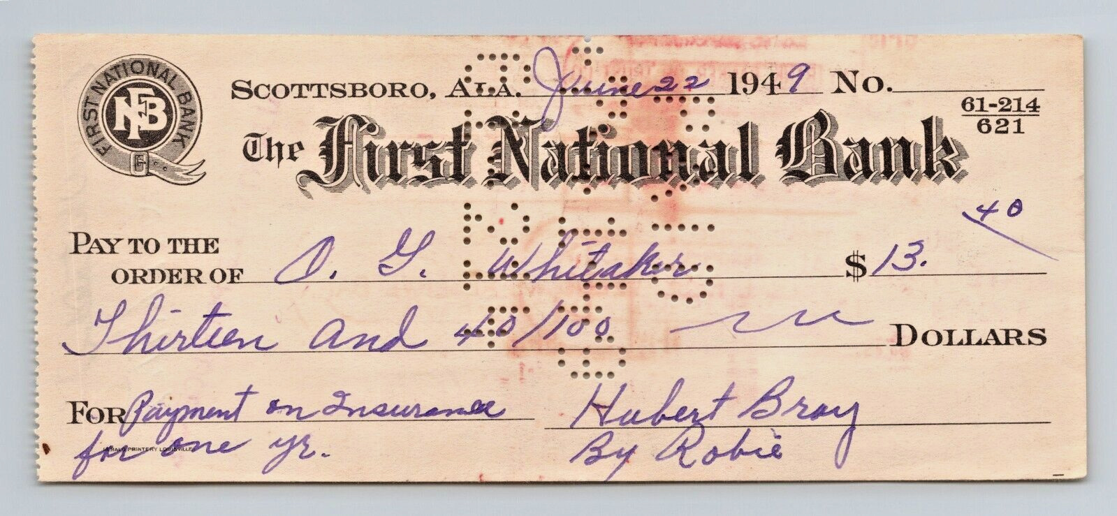 Vintage 1949 cancelled check THE FIRST NATIONAL BANK, Scottsboro,  Alabama