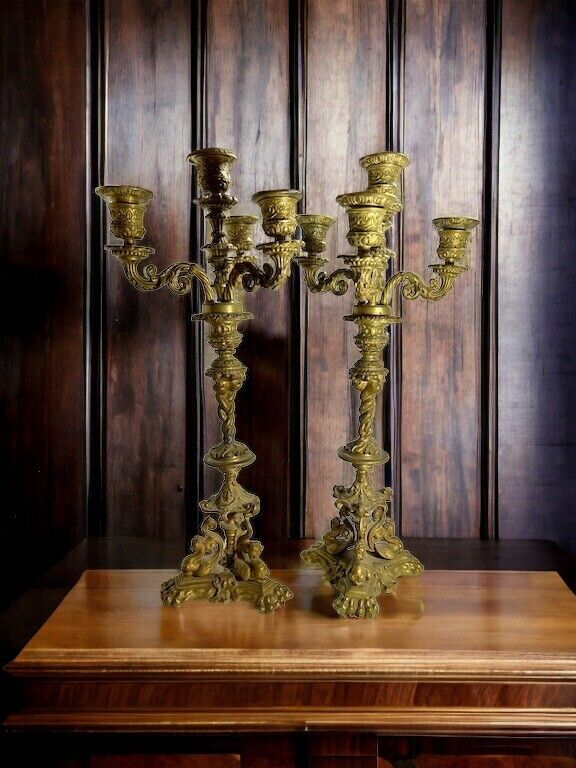 Vintage  Louis XV Style 4 Arm Brass Candlebras. Set Of 2. Unique  See Photos